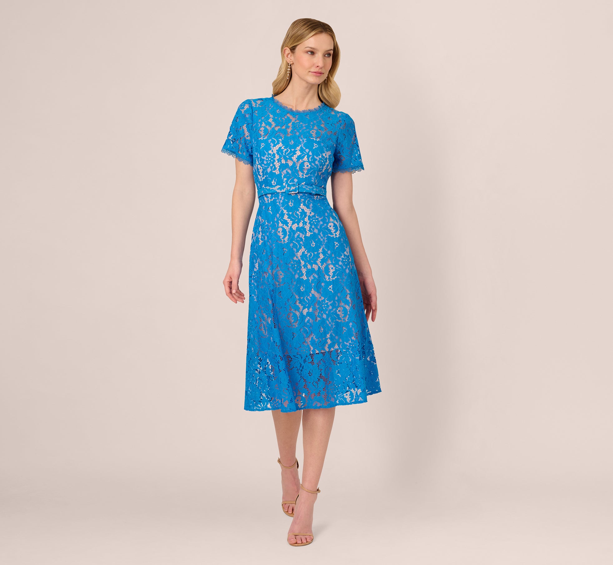 Blue Wave Short Sleeve Belted Lace Midi Dress - Adrianna Papell Blue Wave Short Sleeve Belted Lace Midi Dress - Adrianna Papell
