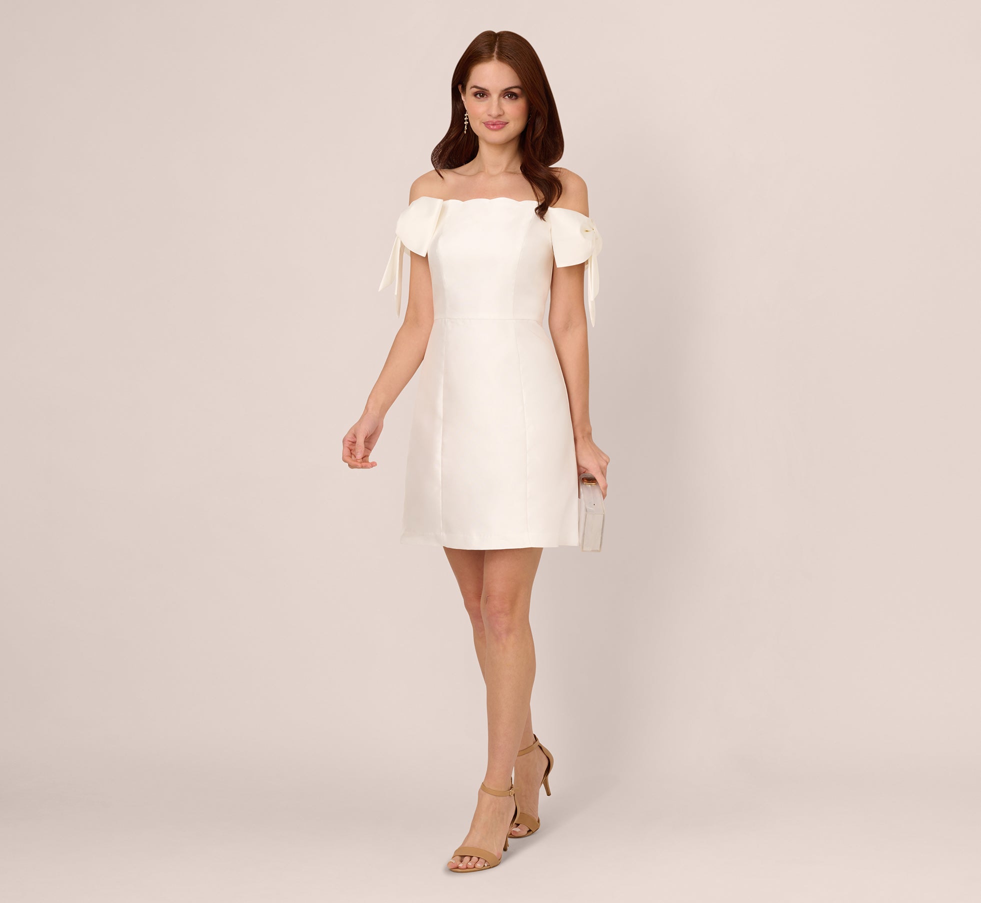 Off Shoulder Bow Sleeve Cocktail Dress In Ivory - Adrianna Papell Off Shoulder Bow Sleeve Cocktail Dress In Ivory - Adrianna Papell