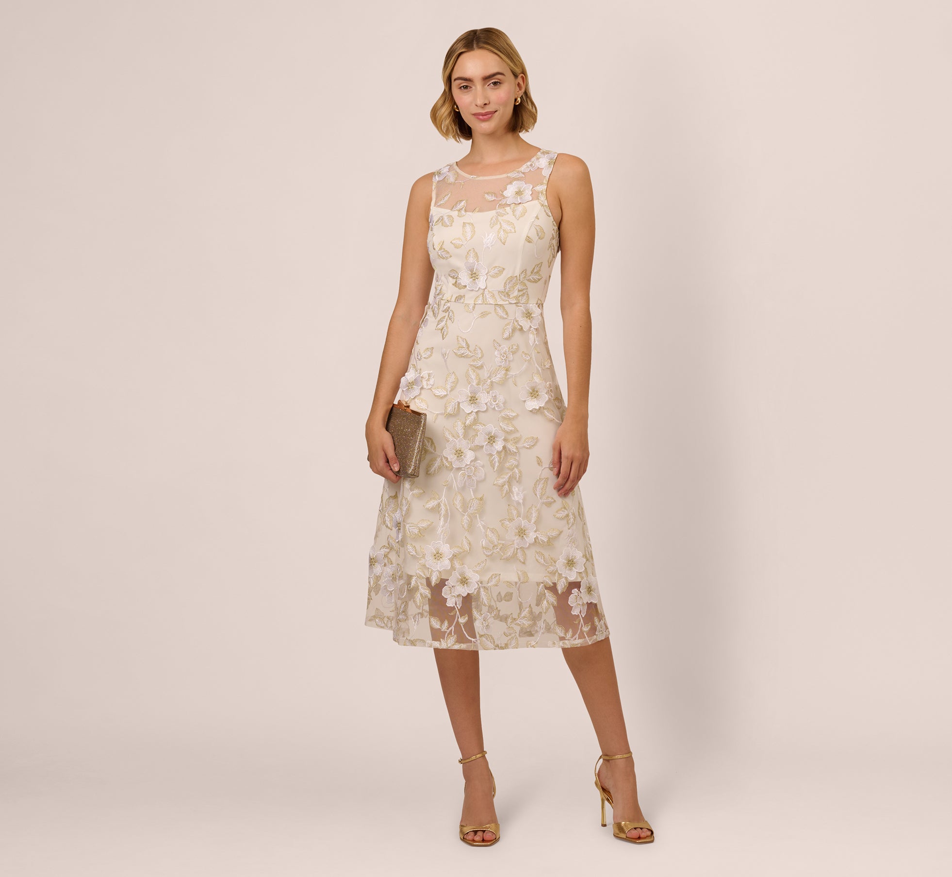 Floral Embroidery Illusion Midi Dress In Ivory Gold - Adrianna Papell Floral Embroidery Illusion Midi Dress In Ivory Gold - Adrianna Papell