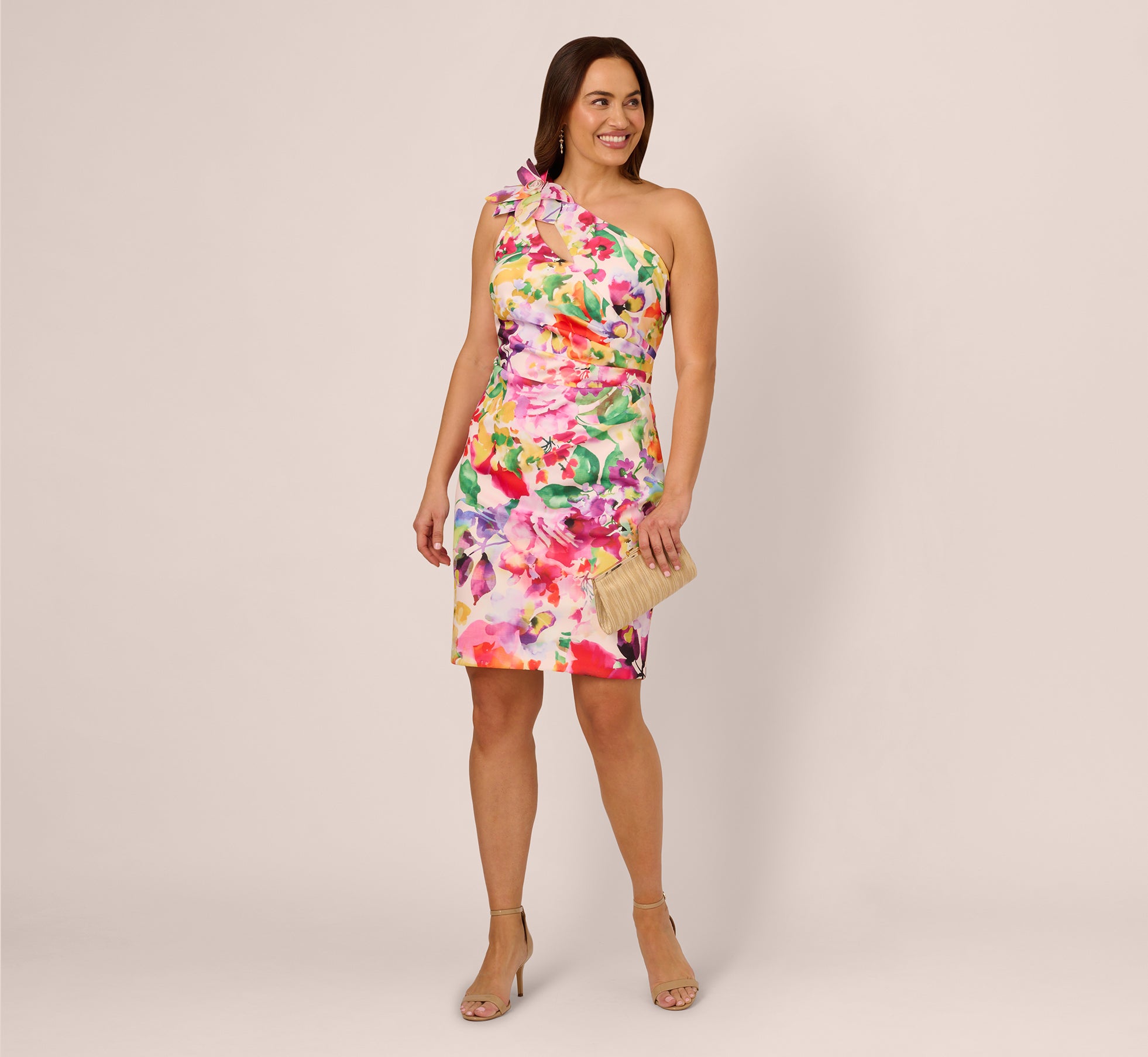 Pink Multi Plus Size One Shoulder Rosette Floral Sheath Dress - Adrianna Papell Pink Multi Plus Size One Shoulder Rosette Floral Sheath Dress - Adrianna Papell