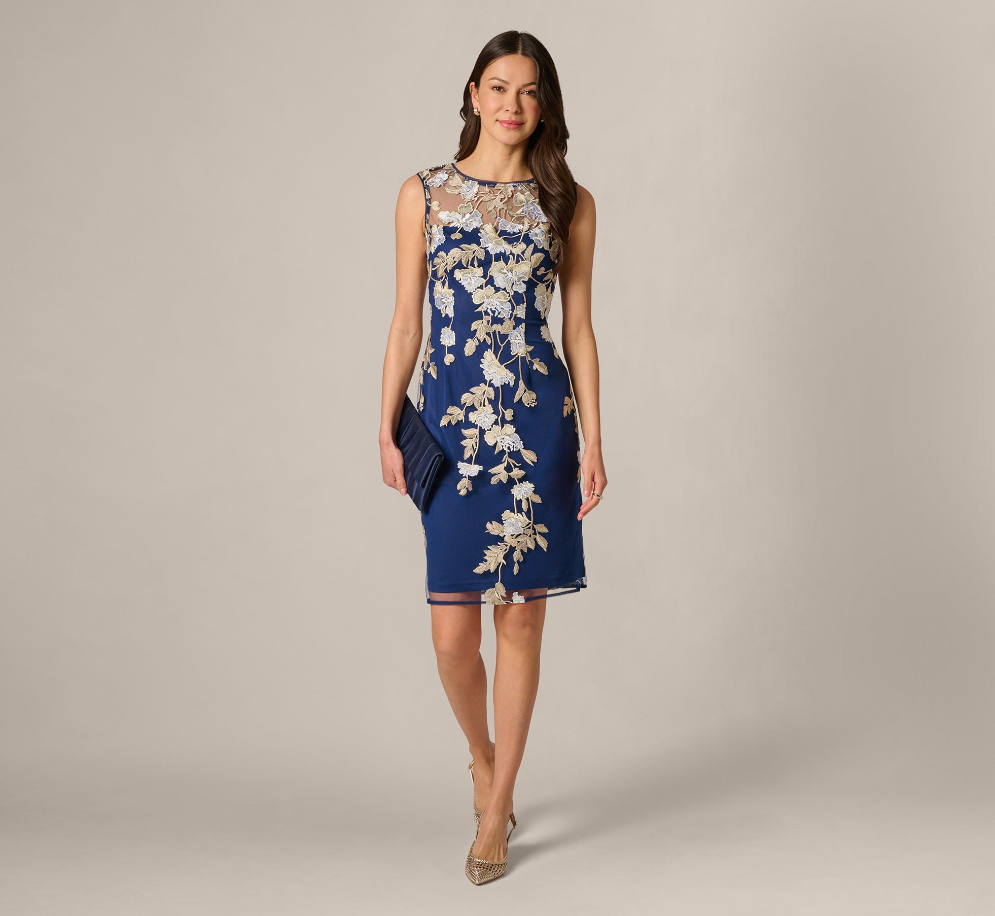 Sleeveless Illusion Floral Embroidery Sheath Dress In Navy Ecru, Navy/Ecru / Regular / 2 Sleeveless Illusion Floral Embroidery Sheath Dress In Navy Ecru, Navy/Ecru / Regular / 2