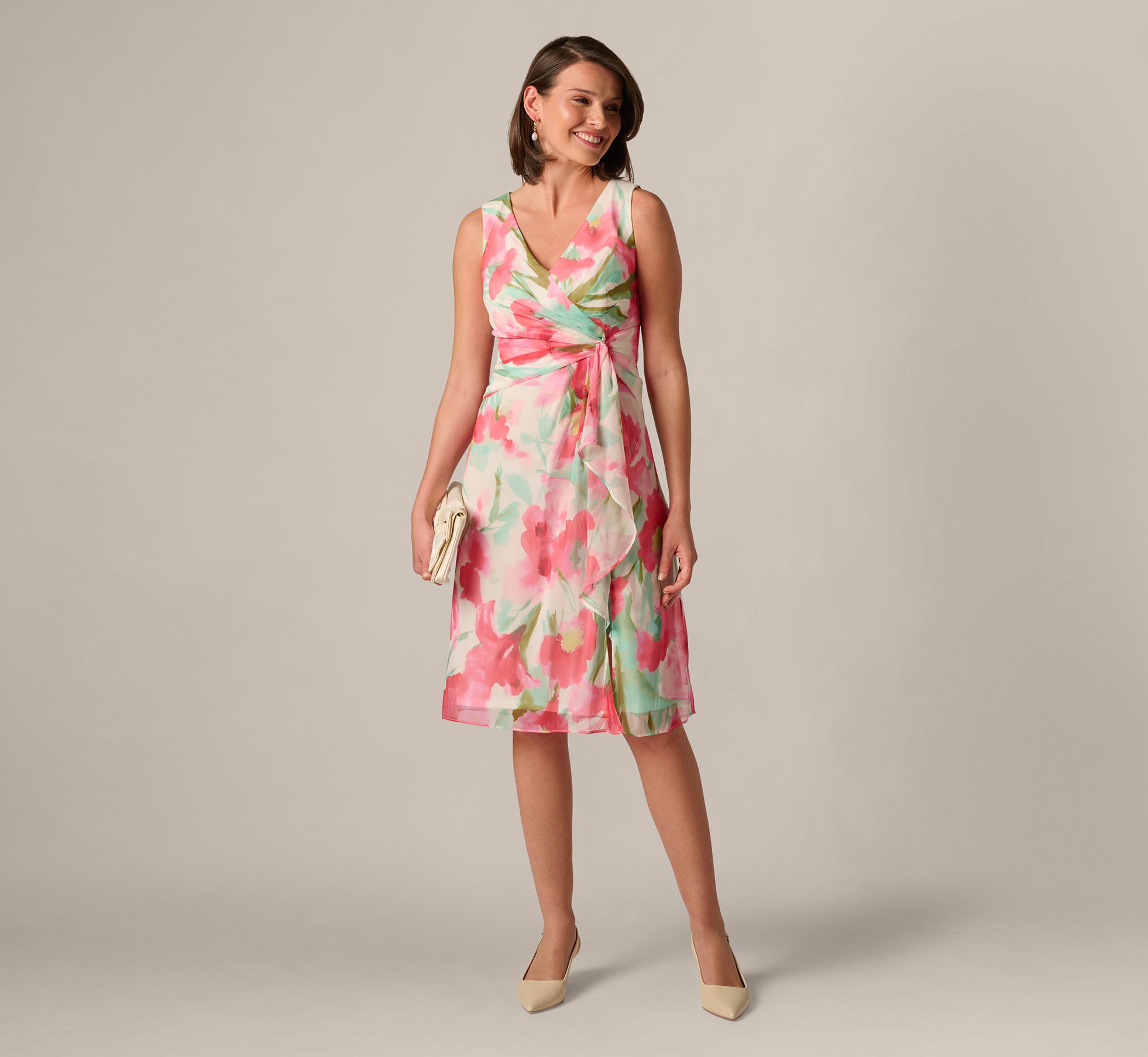 Adrianna Papell Sleeveless Draped Floral Chiffon Midi Sheath Dress - Coral/Green Multi Adrianna Papell Sleeveless Draped Floral Chiffon Midi Sheath Dress - Coral/Green Multi