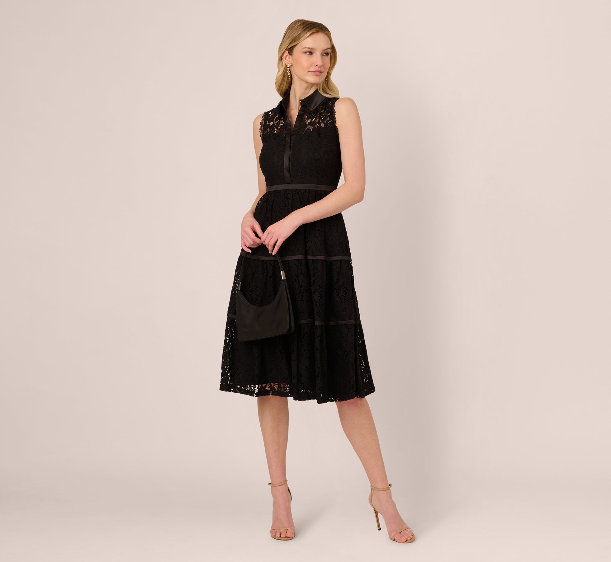 Sleeveless Collared Lace Fit And Flare Dress In Black Sleeveless Collared Lace Fit And Flare Dress In Black
