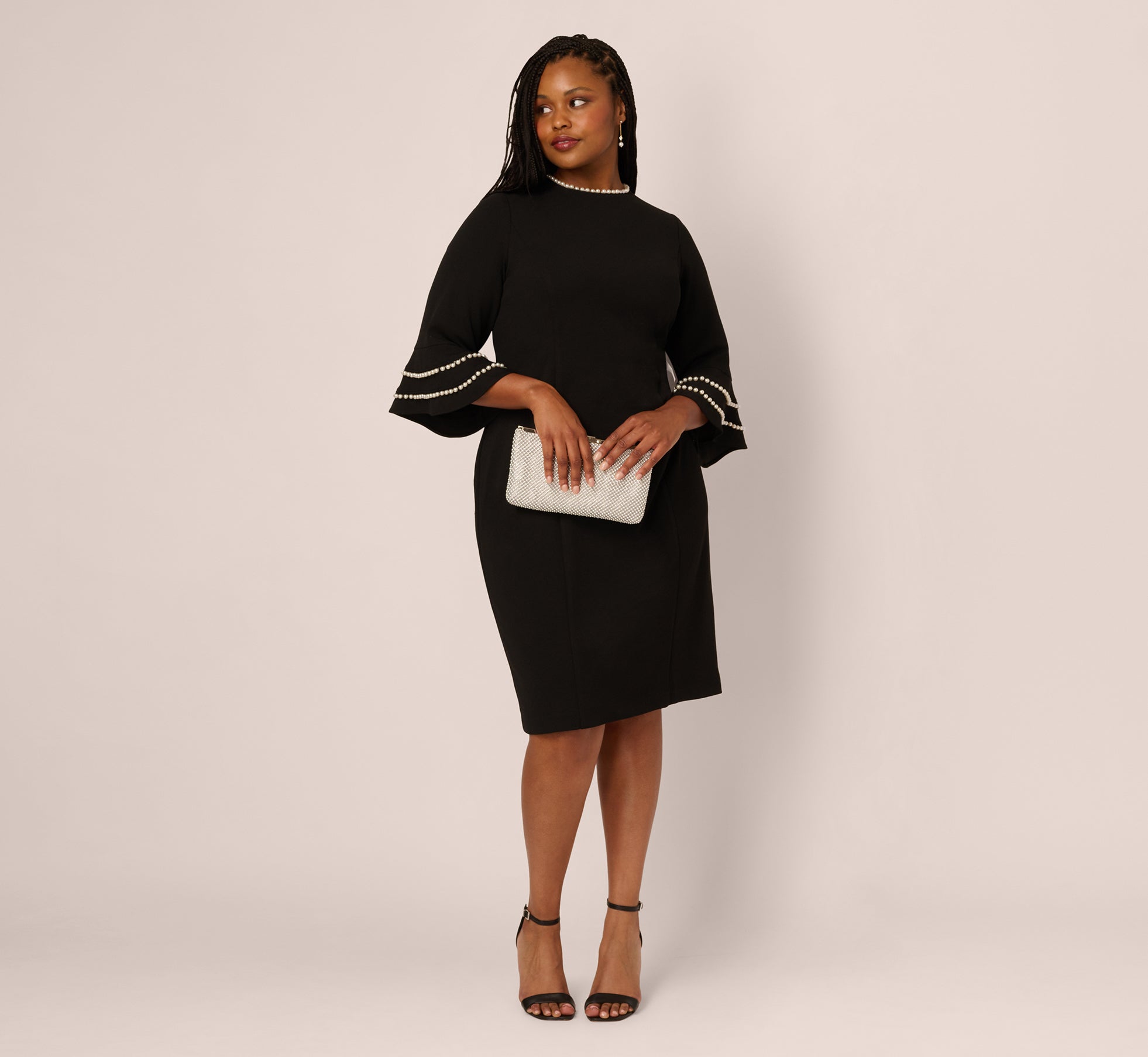 Black Plus Size Three Quarter Bell Sleeve Pearly Trim Sheath Dress