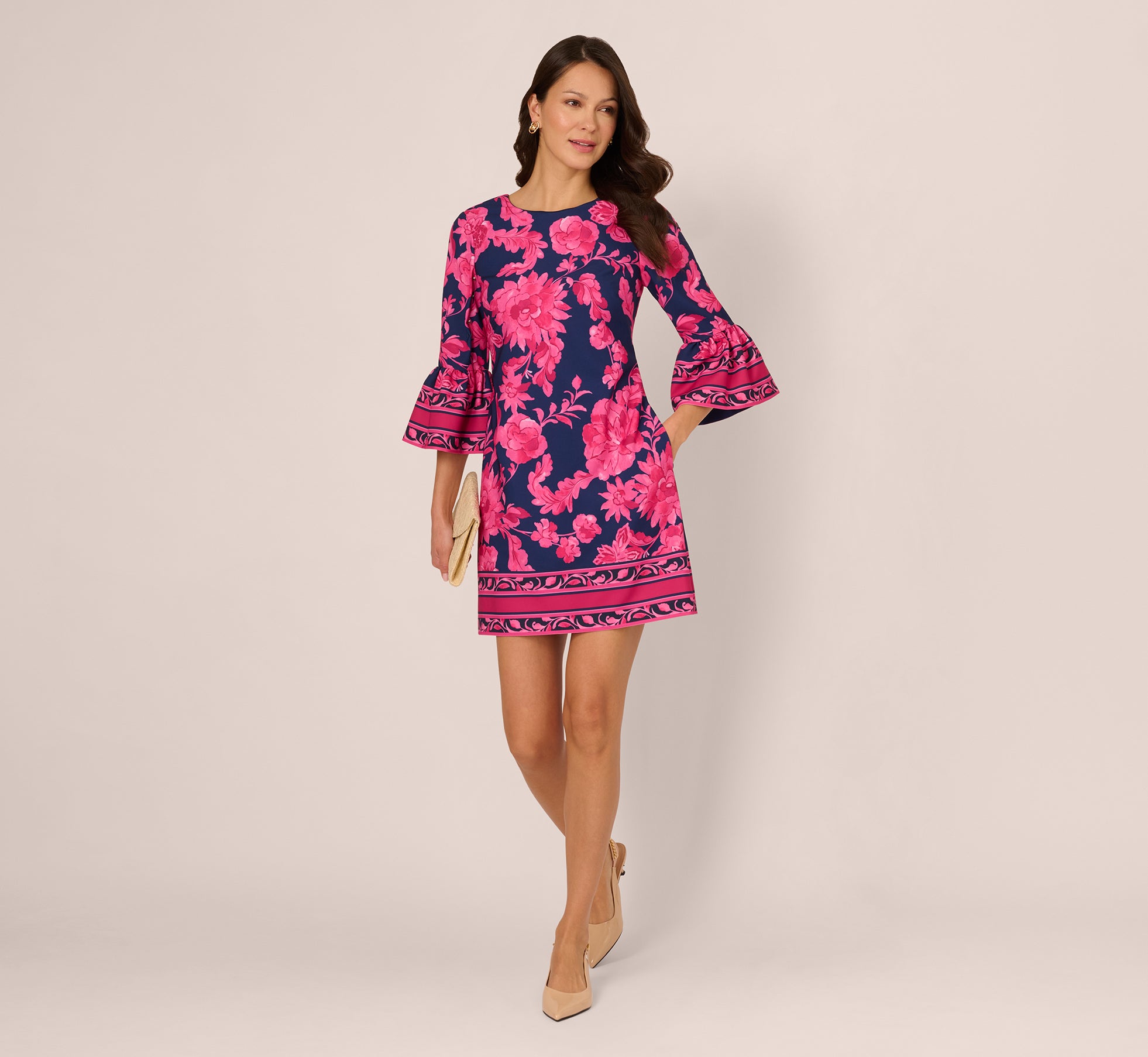 Navy Multi Bell Sleeve Floral Twill Short Dress