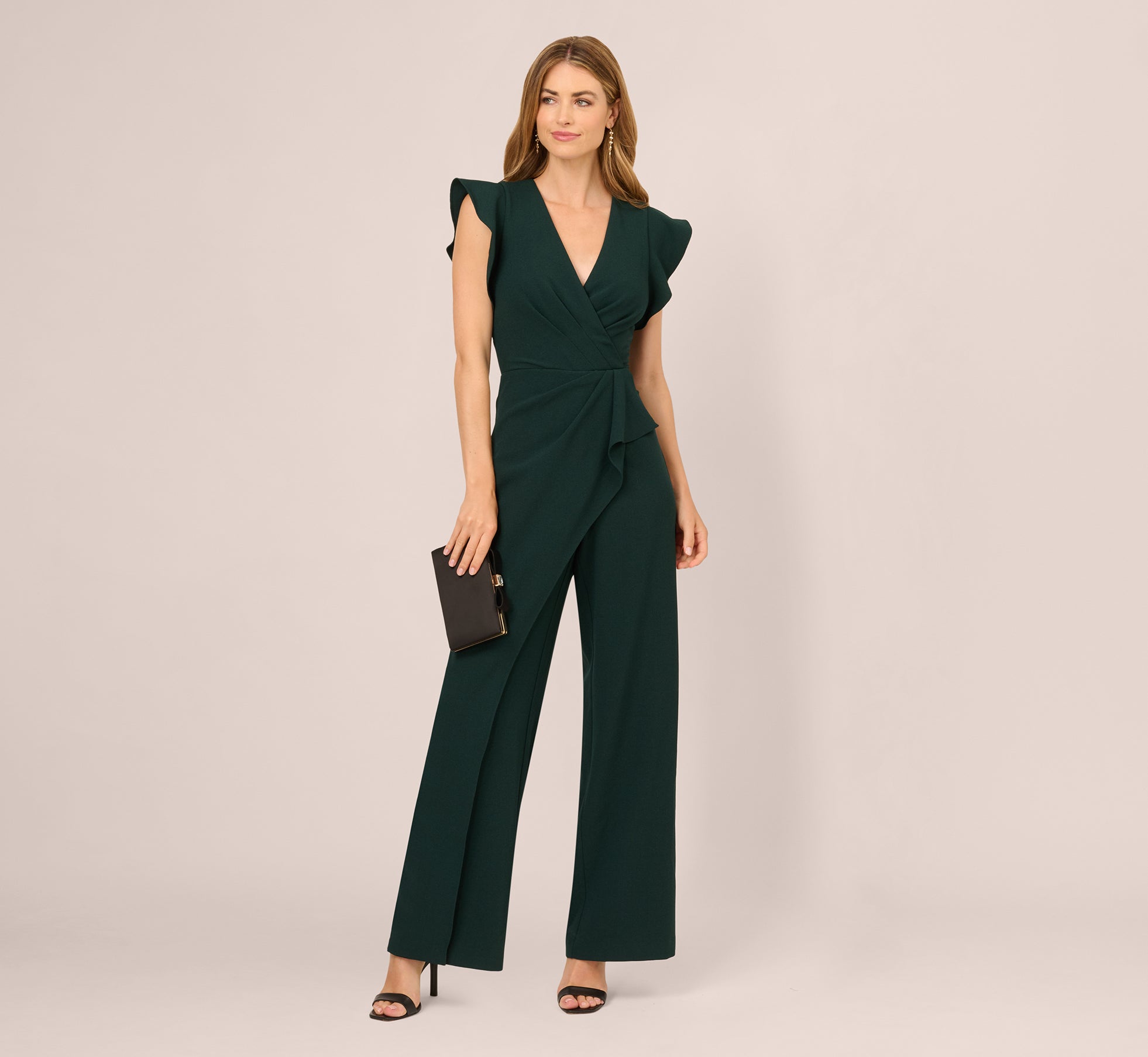 Flutter Sleeve Faux Wrap Jumpsuit In Dark Green Adrianna Papell