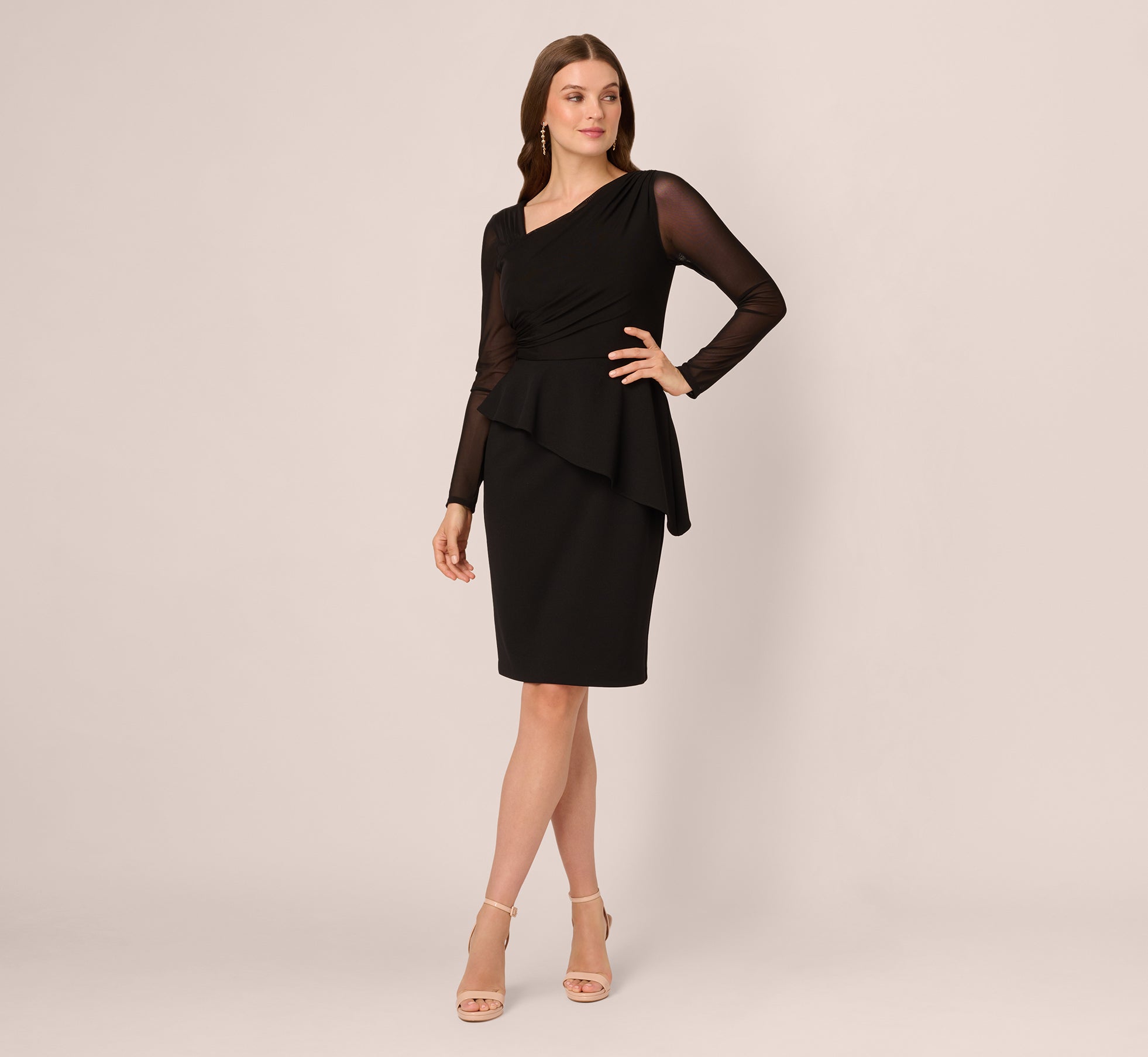 Black Long Sleeve Asymmetrical Peplum Sheath Dress - Adrianna Papell Black Long Sleeve Asymmetrical Peplum Sheath Dress - Adrianna Papell