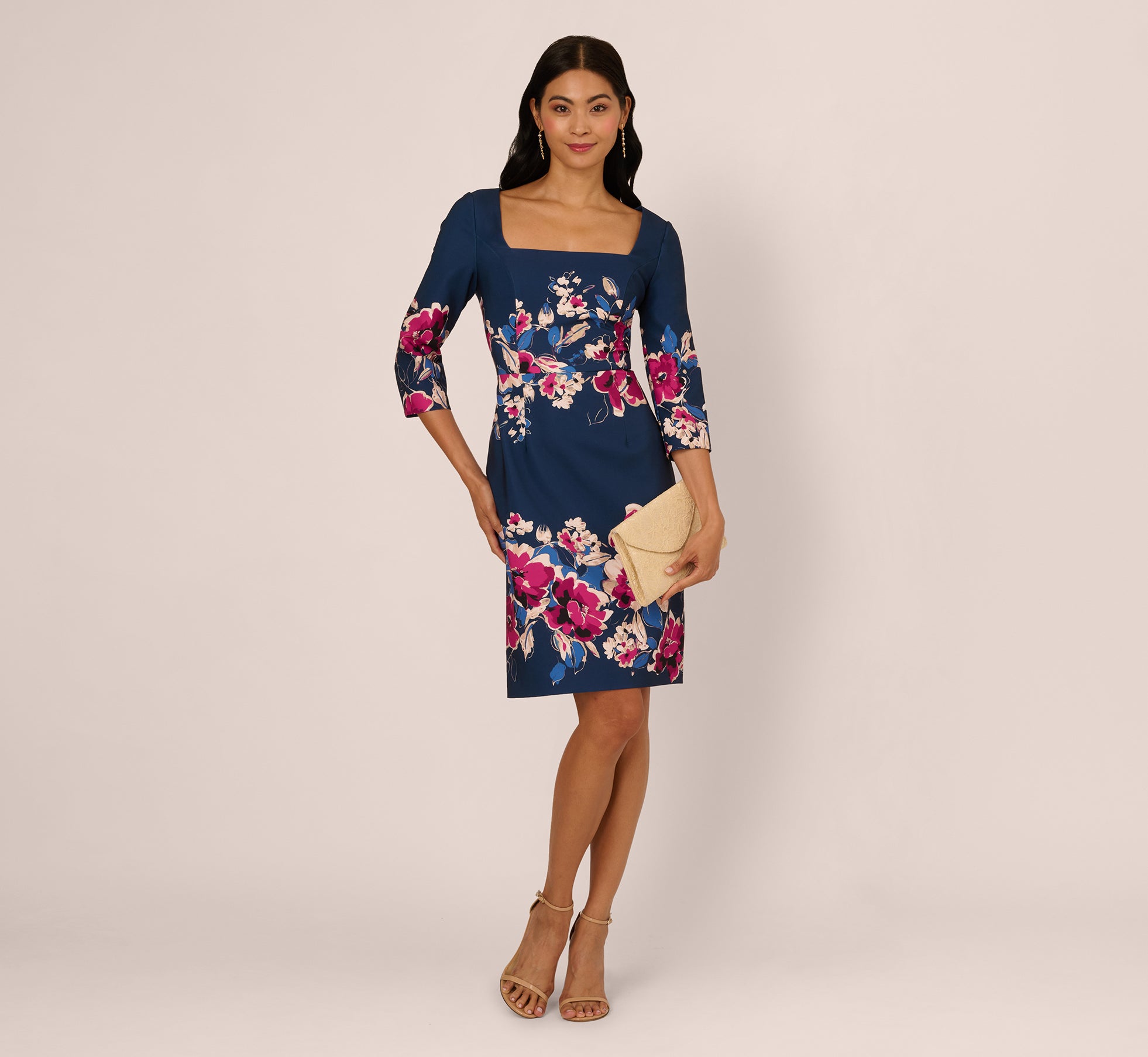Multi Colored Three Quarter Sleeve Floral Sheath Dress - Adrianna Papell Multi Colored Three Quarter Sleeve Floral Sheath Dress - Adrianna Papell