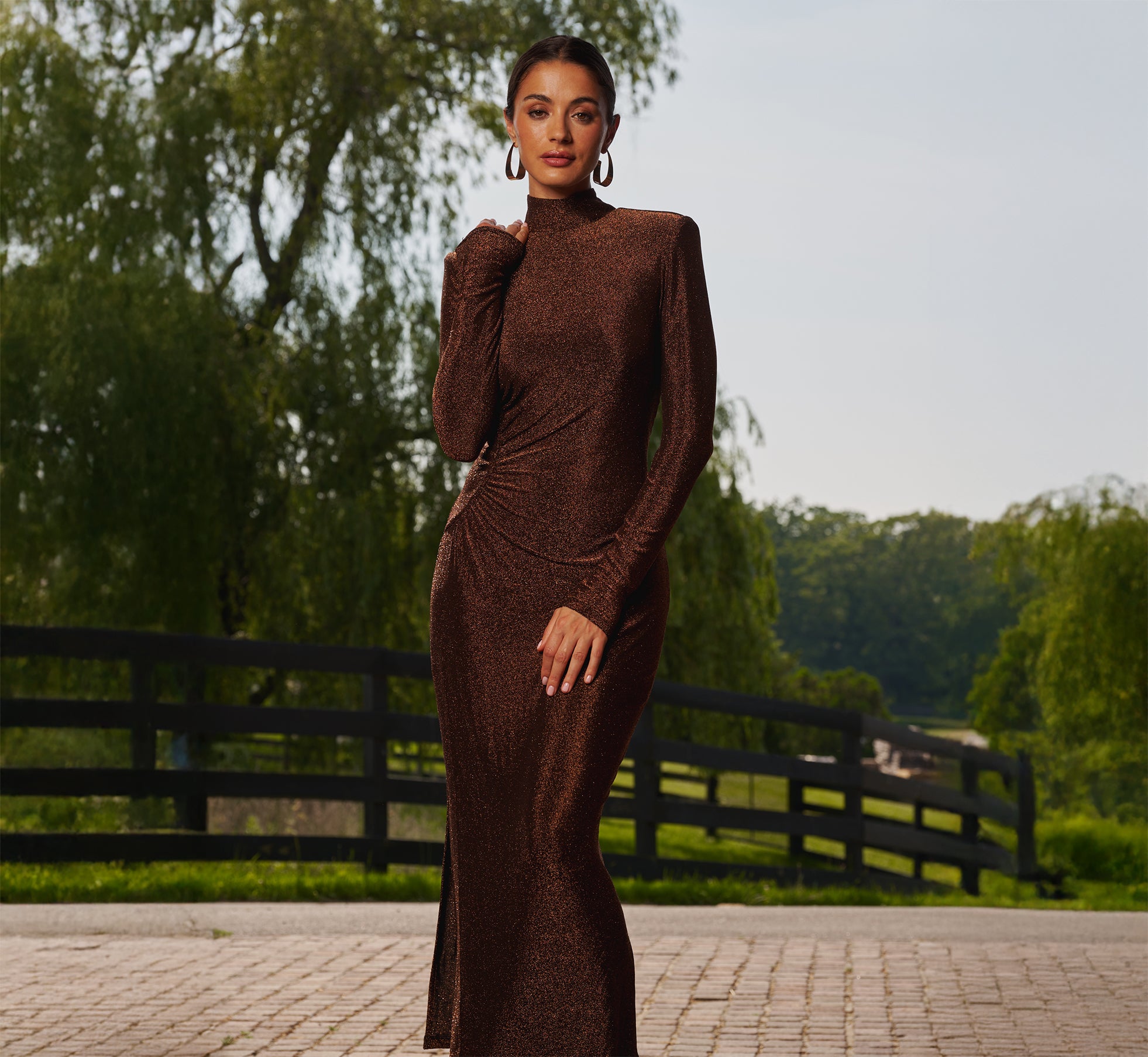 Long Sleeve Shimmer Knit Midi Dress In Bronze Black Long Sleeve Shimmer Knit Midi Dress In Bronze Black