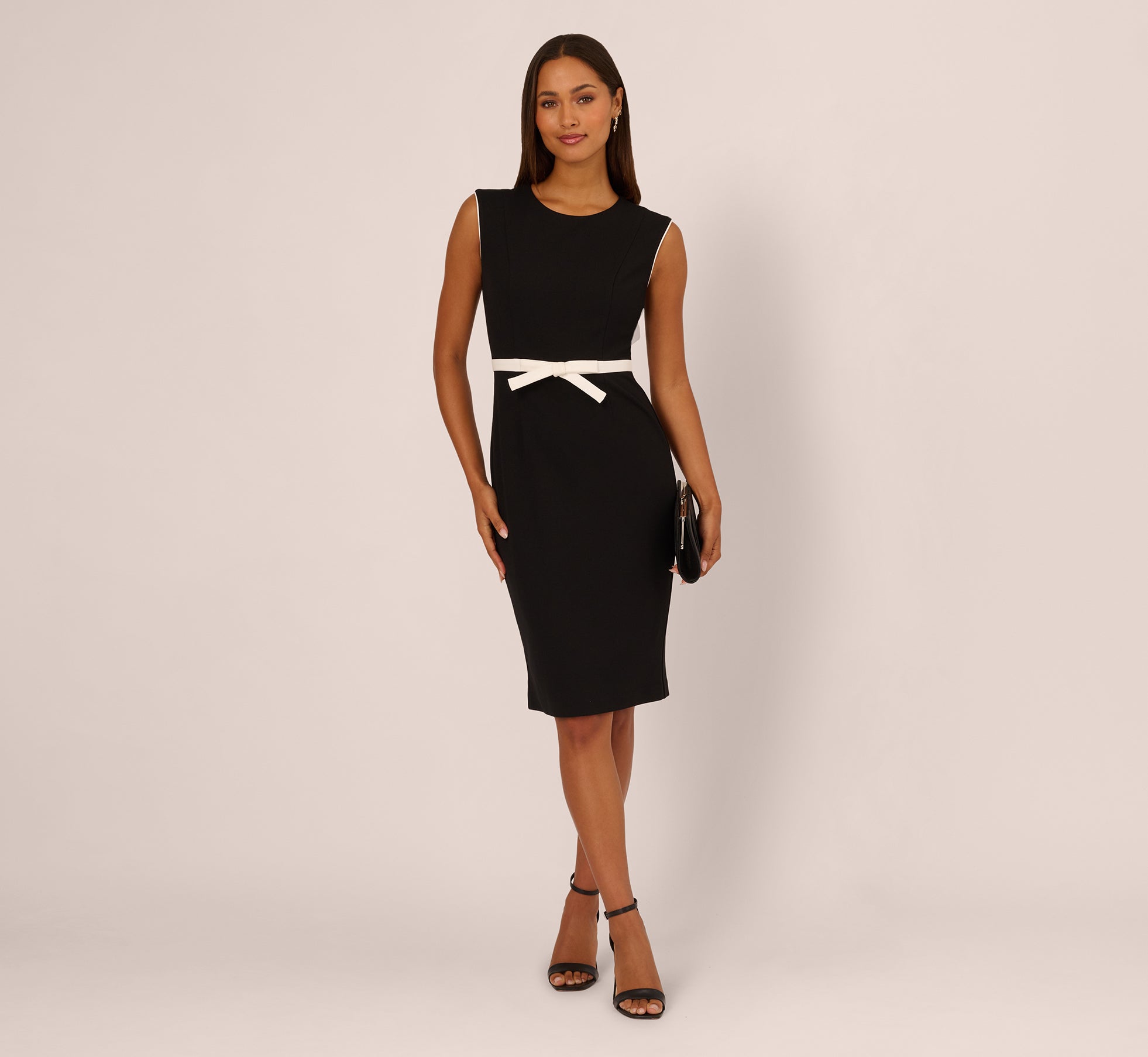 Cap Sleeve Contrast Trim Sheath Dress In Black Ivory Cap Sleeve Contrast Trim Sheath Dress In Black Ivory