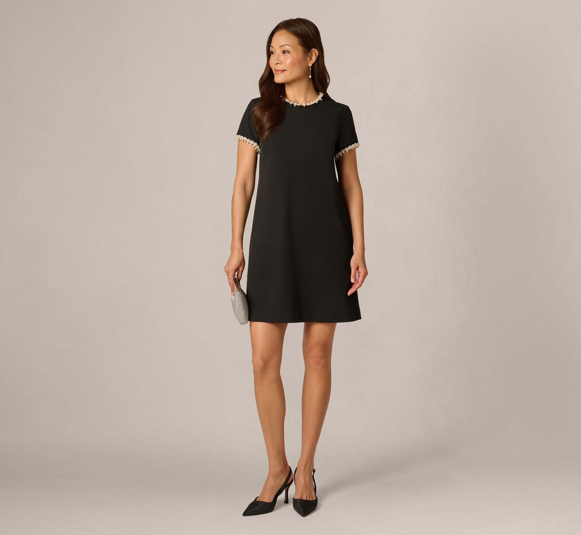 Womens Adrianna Papell Black Pearl Crepe Short Dress US 12 Womens Adrianna Papell Black Pearl Crepe Short Dress US 12