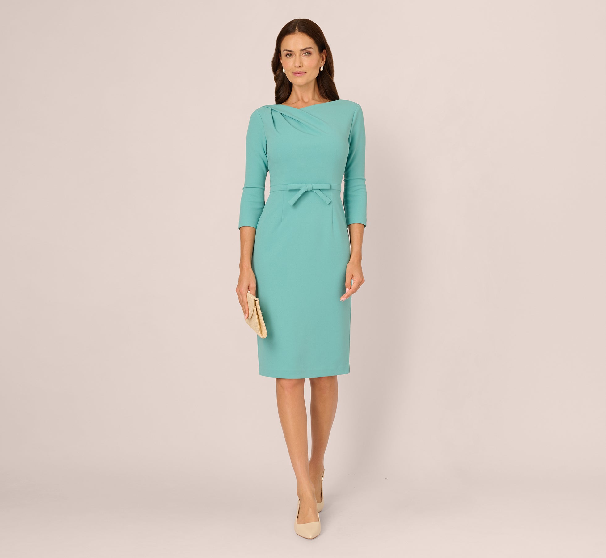 Green Three Quarter Sleeve Drape Collar Sheath Dress - Adrianna Papell Green Three Quarter Sleeve Drape Collar Sheath Dress - Adrianna Papell