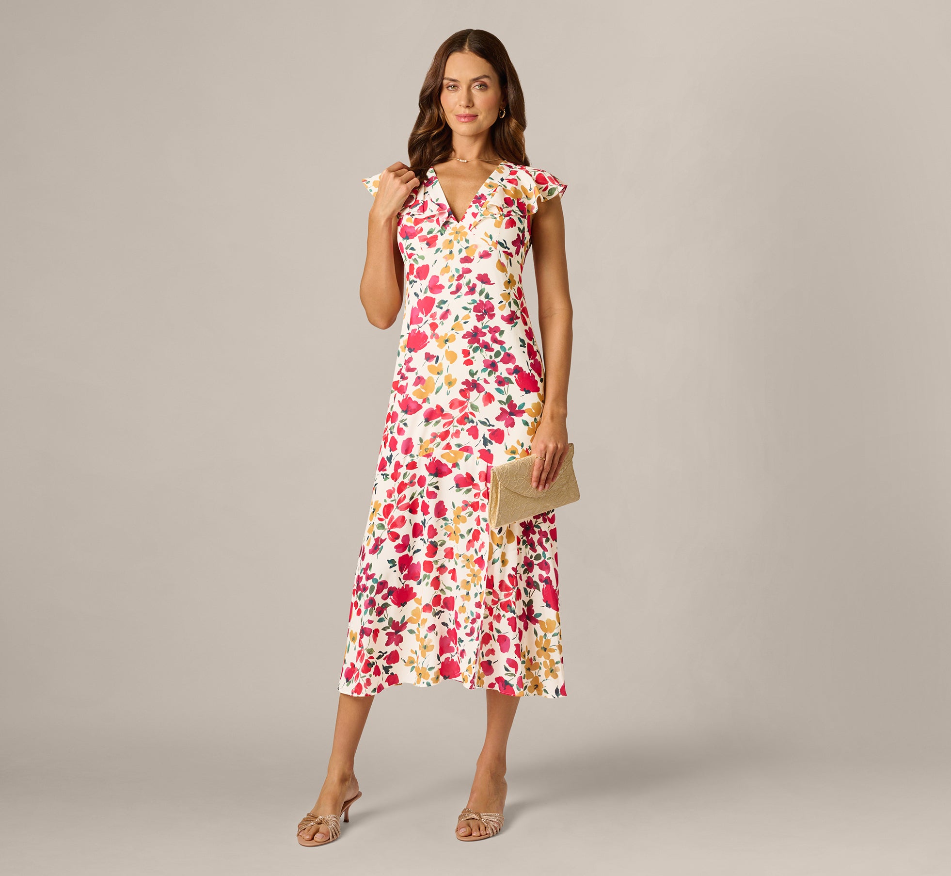 Adrianna Papell Women's Floral Print V-Neck Midi Dress - Ivory Multi - Size 10M Adrianna Papell Women's Floral Print V-Neck Midi Dress - Ivory Multi - Size 10M