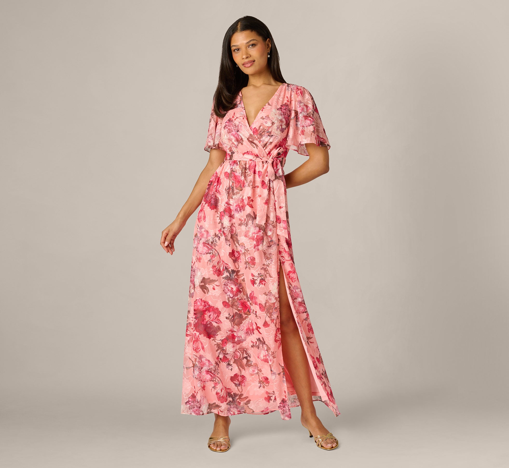 Flutter Sleeve Floral Print Embroidered Wrap Maxi Dress In Blush Multi Flutter Sleeve Floral Print Embroidered Wrap Maxi Dress In Blush Multi