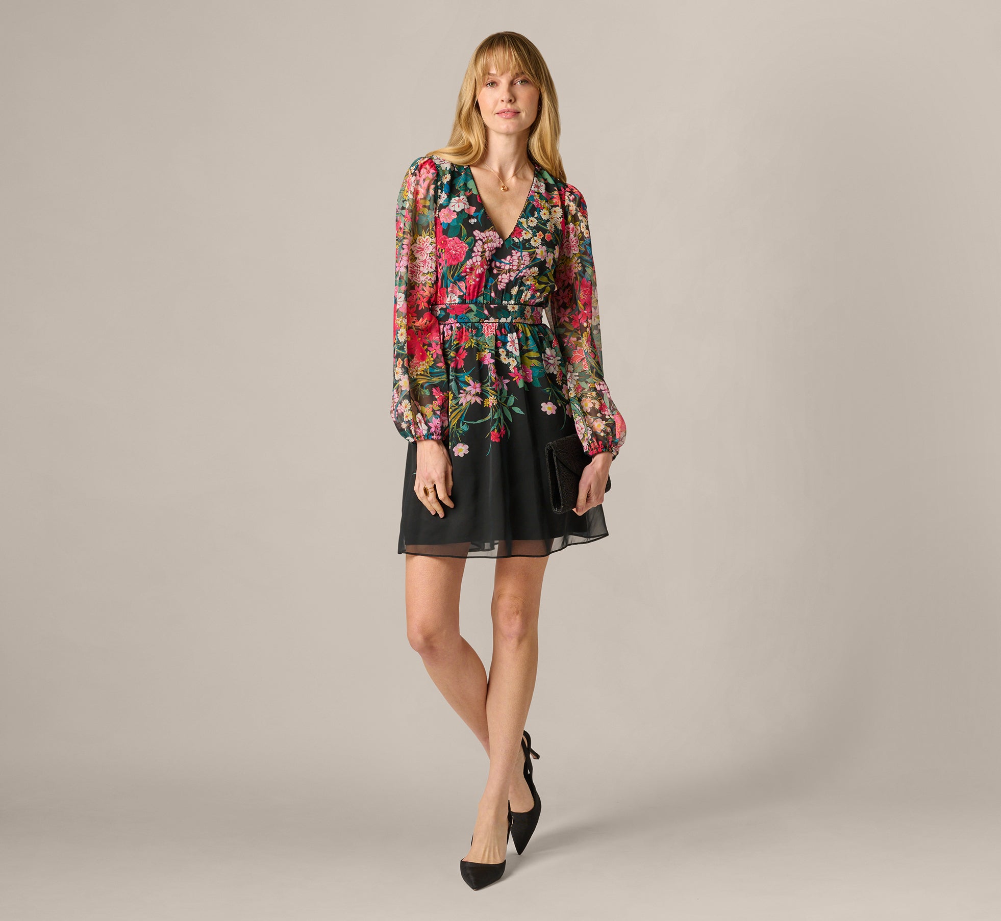 Long Sleeve Wildflower Print Short Dress in Black Multi Long Sleeve Wildflower Print Short Dress in Black Multi
