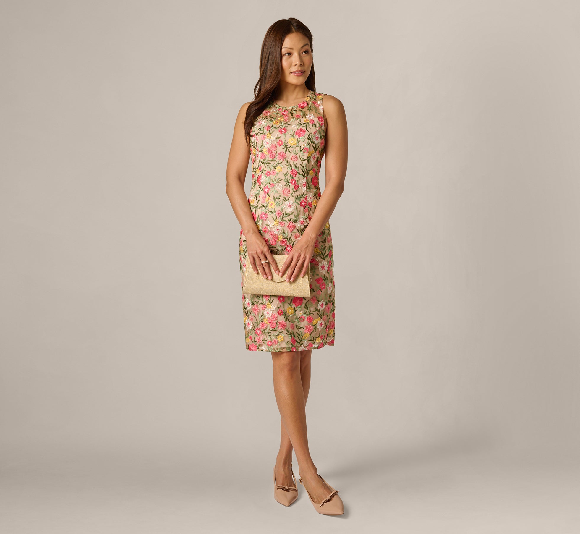 Multi Colored Floral Embroidered Illusion Sheath Dress - Adrianna Papell Multi Colored Floral Embroidered Illusion Sheath Dress - Adrianna Papell