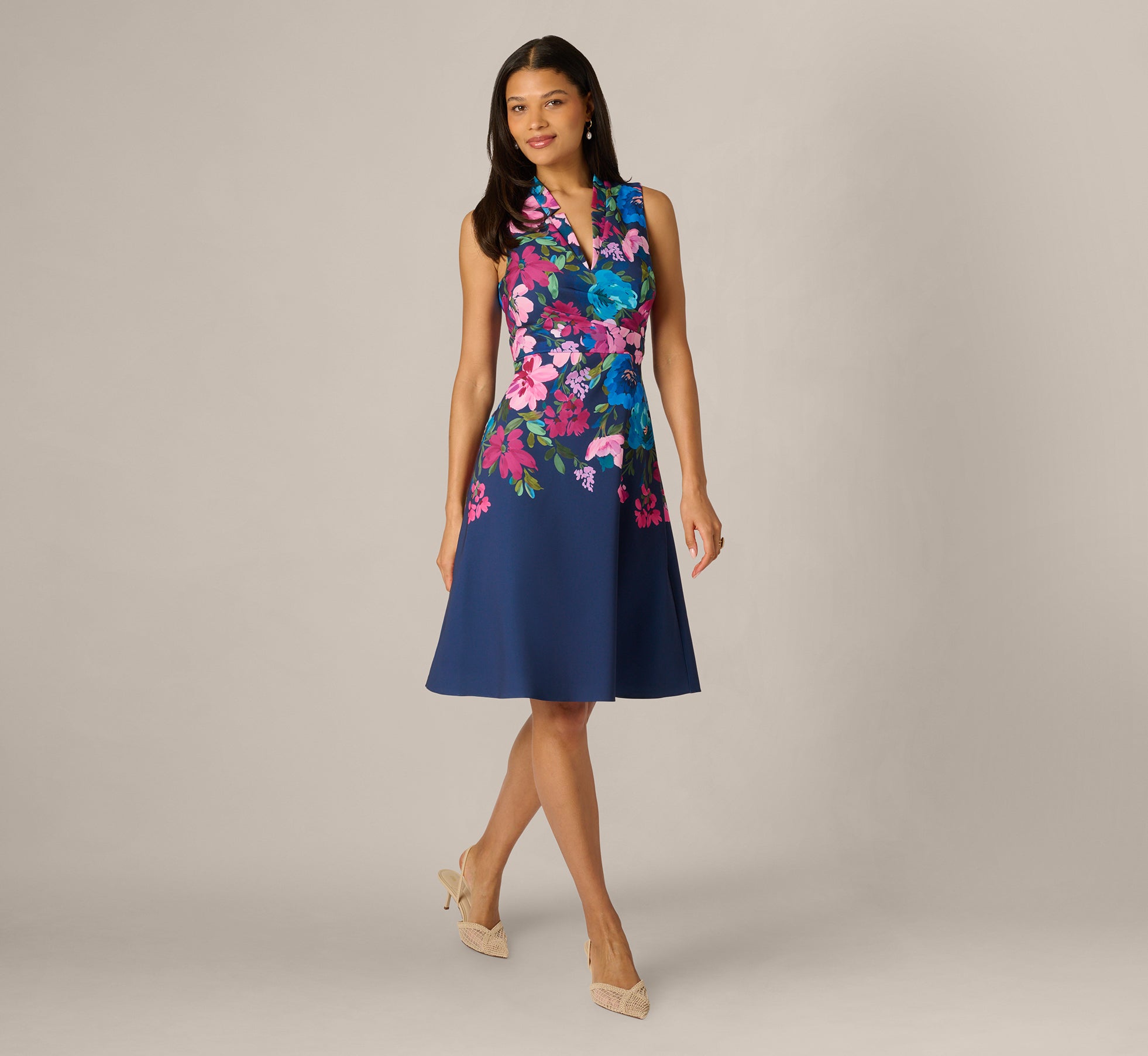 Navy Multi Collared Floral Border Twill Midi Dress - Adrianna Papell