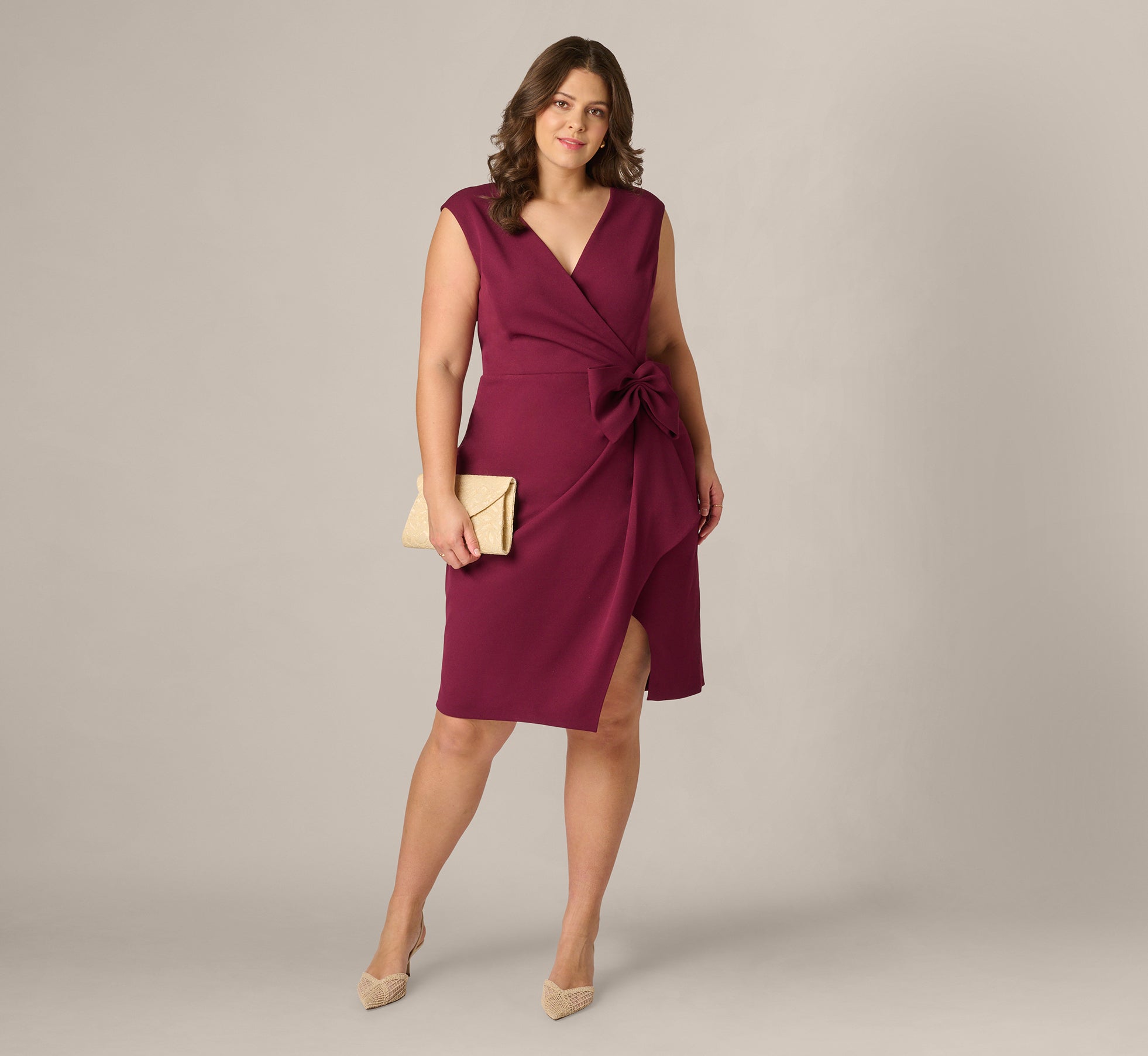 Plus Size Bow Accent Stretch Wrap Dress In Cabernet, Cabernet / Plus Size / 14 Plus Size Bow Accent Stretch Wrap Dress In Cabernet, Cabernet / Plus Size / 14