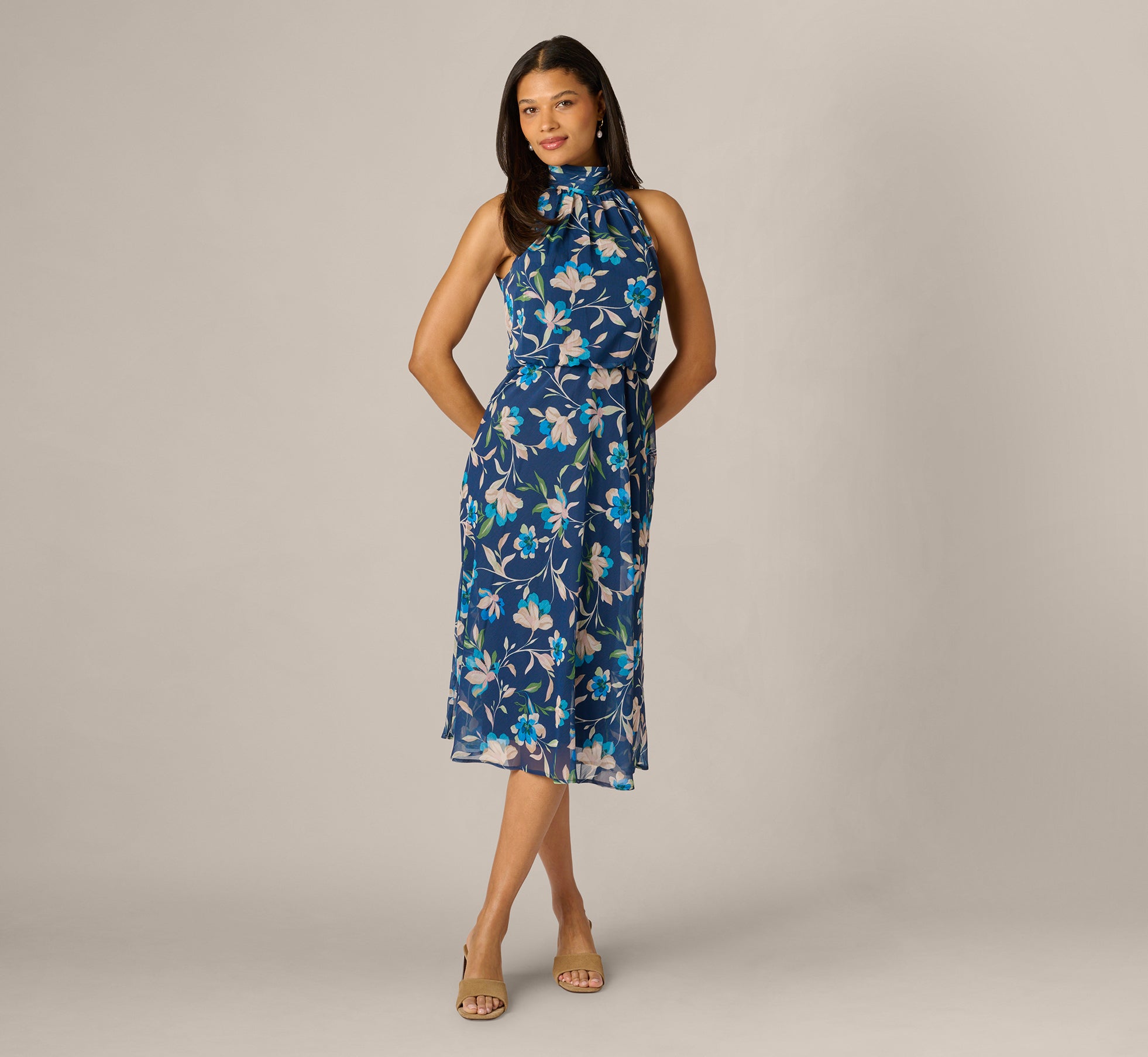 Navy Multi Floral Crinkle Chiffon Halter Midi Dress
