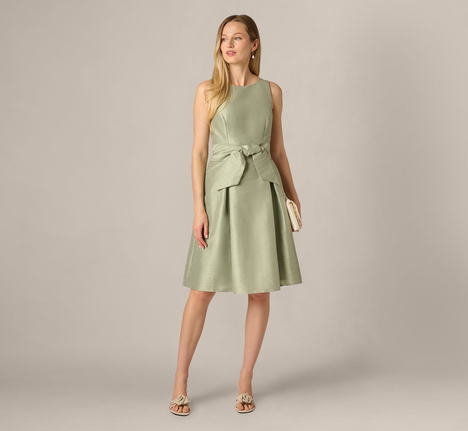 Dupioni Tie Front Fit And Flare Dress In Sage