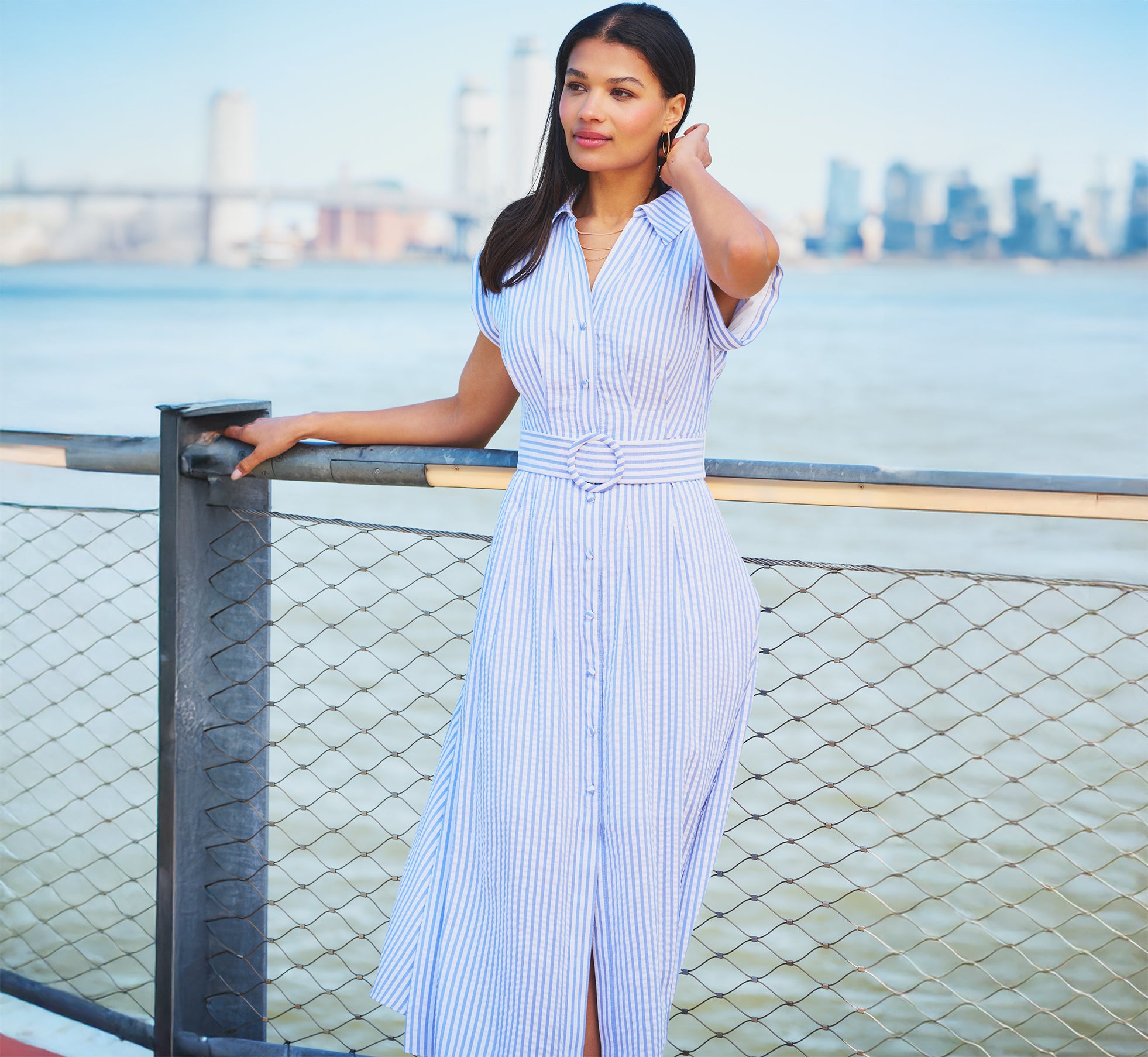 Cap Sleeve Belted Emma Midi Dress In Blue Ivory, Blue/Ivory / Regular / 6