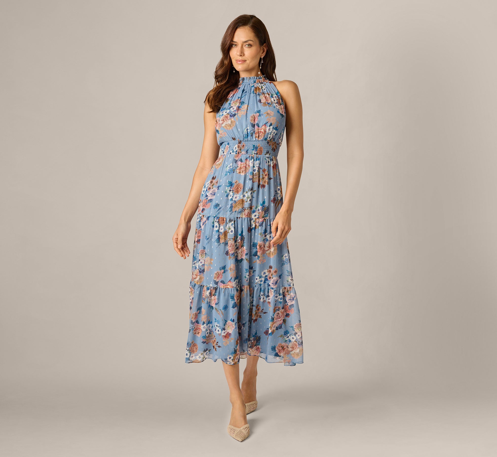 Blue Multi Floral Meta Chiffon Tiered Halter Midi Dress