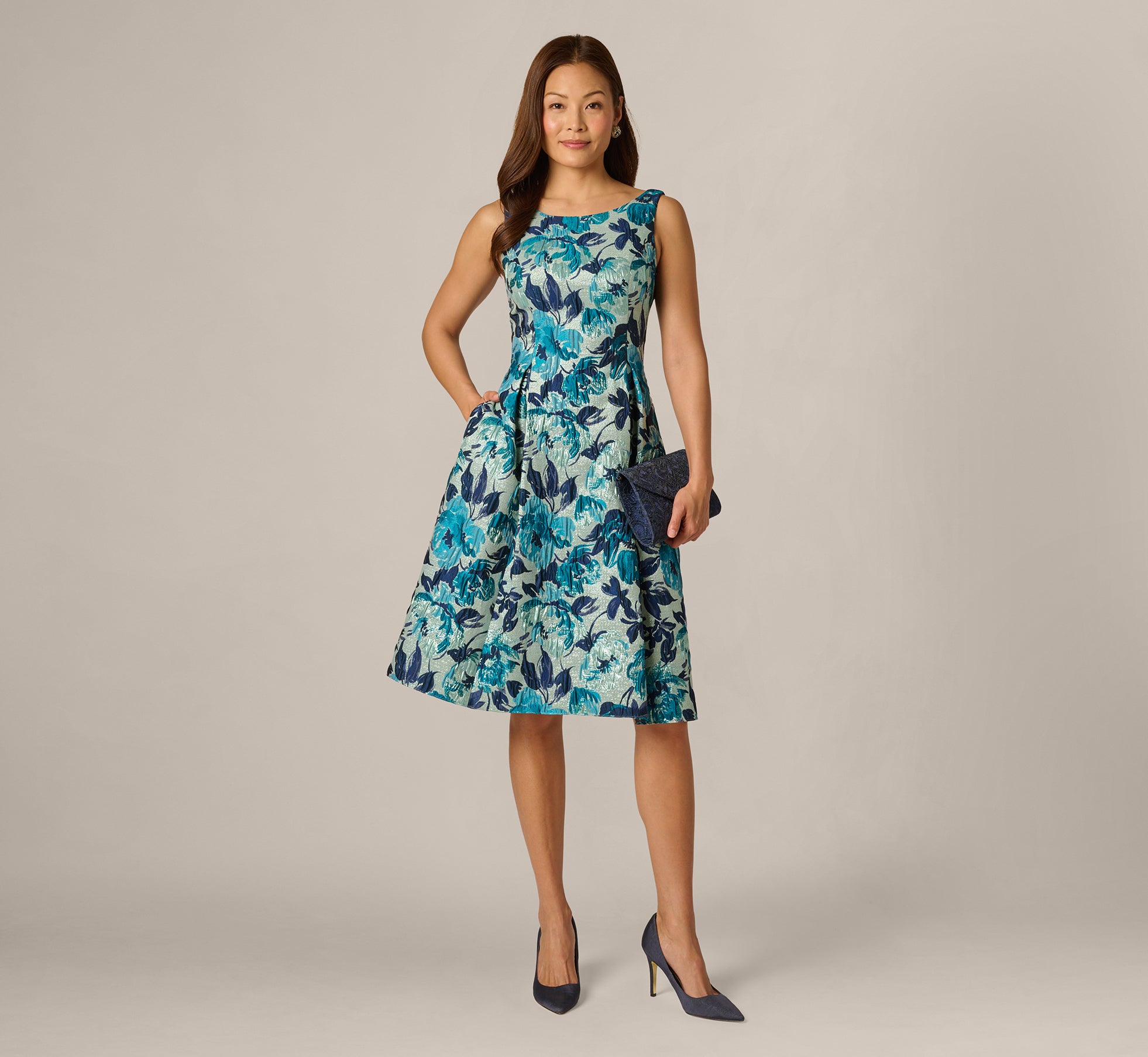 Adrianna Papell Women's Printed Metallic Boat Neck Dress - Blue Multi - Size 14M Adrianna Papell Women's Printed Metallic Boat Neck Dress - Blue Multi - Size 14M