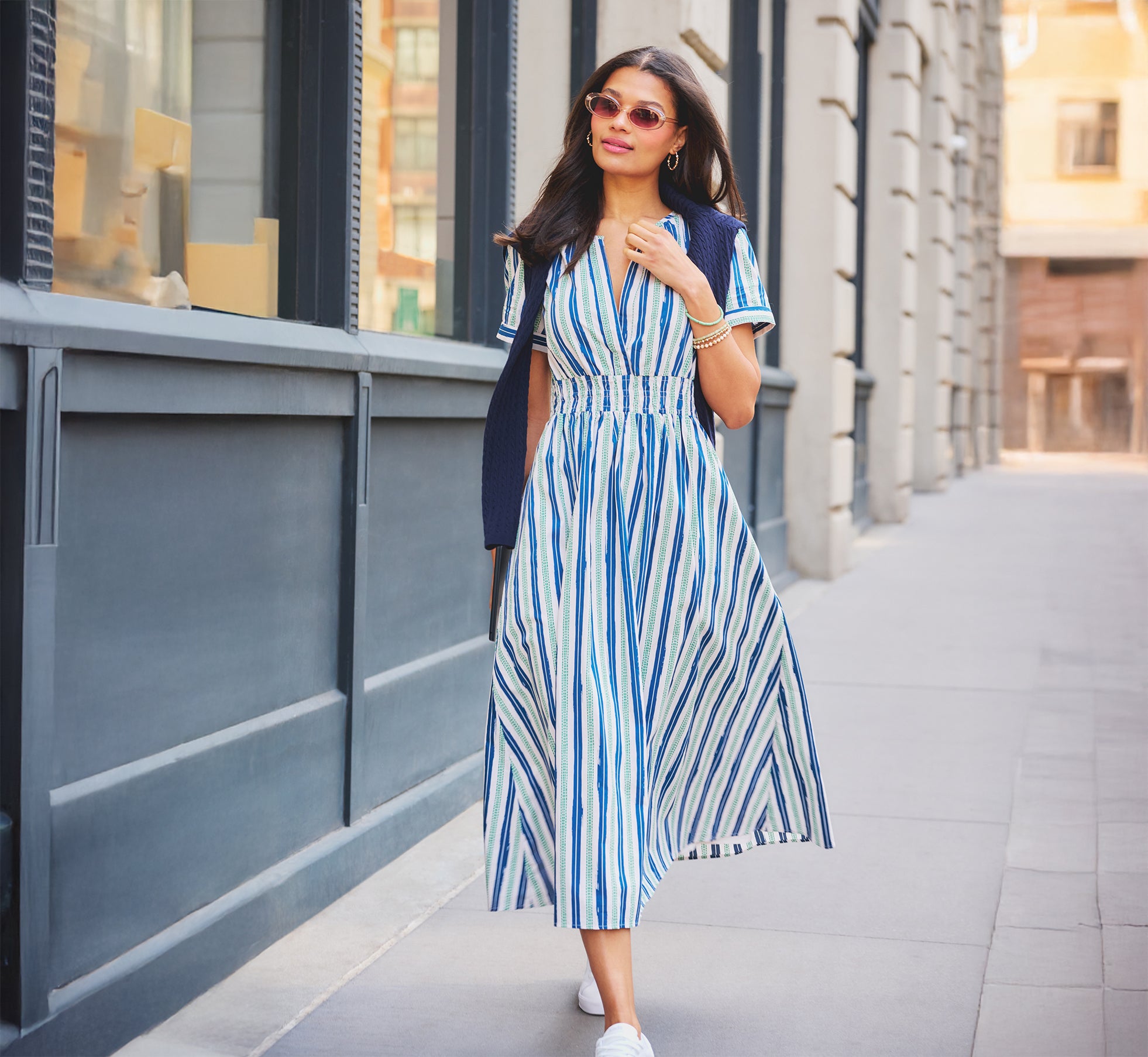 Short Sleeve Cotton Sophia Midi Dress In Ecru Navy Short Sleeve Cotton Sophia Midi Dress In Ecru Navy