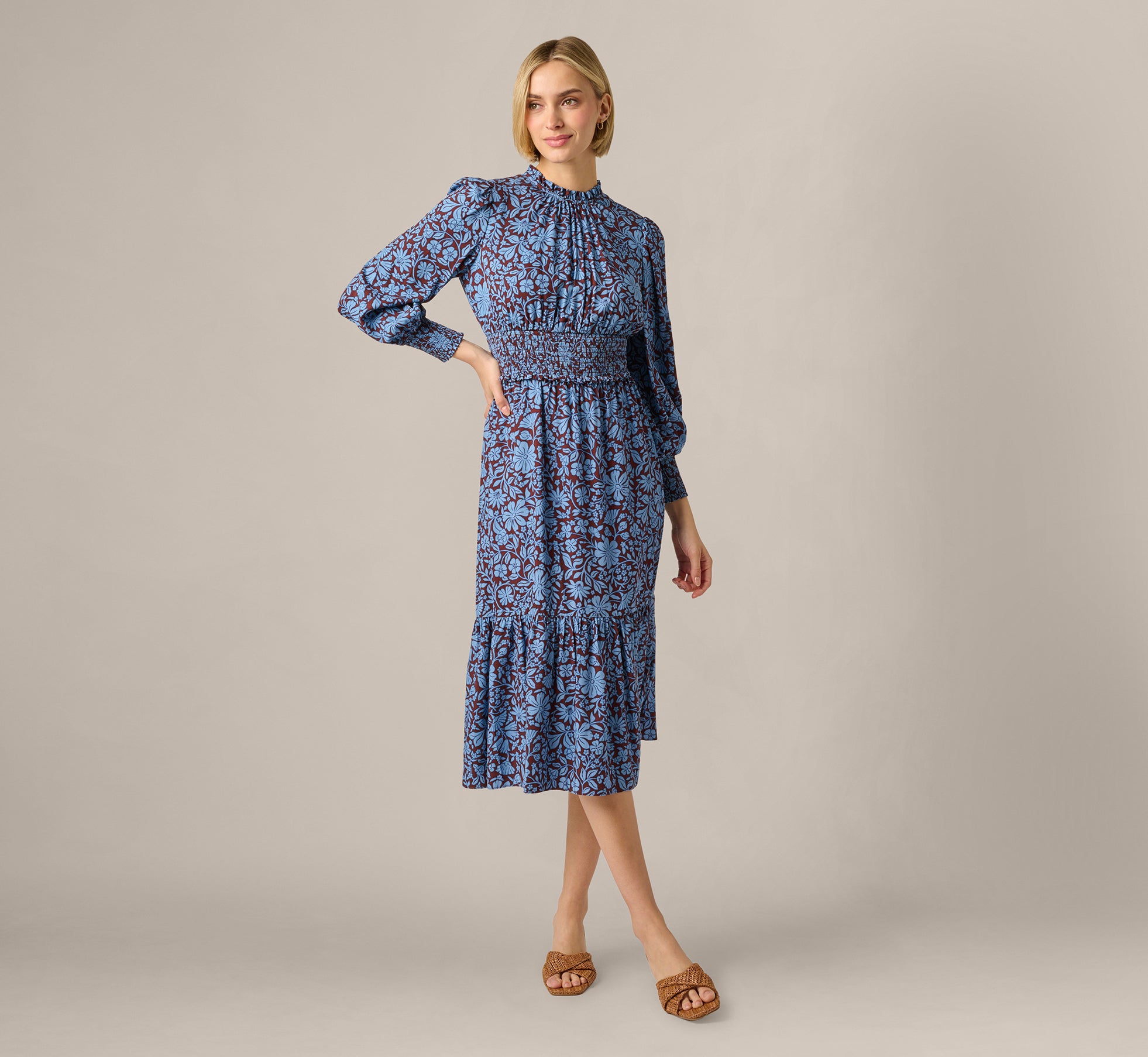Long Sleeve Floral Print Mia Midi Dress In Brown Blue