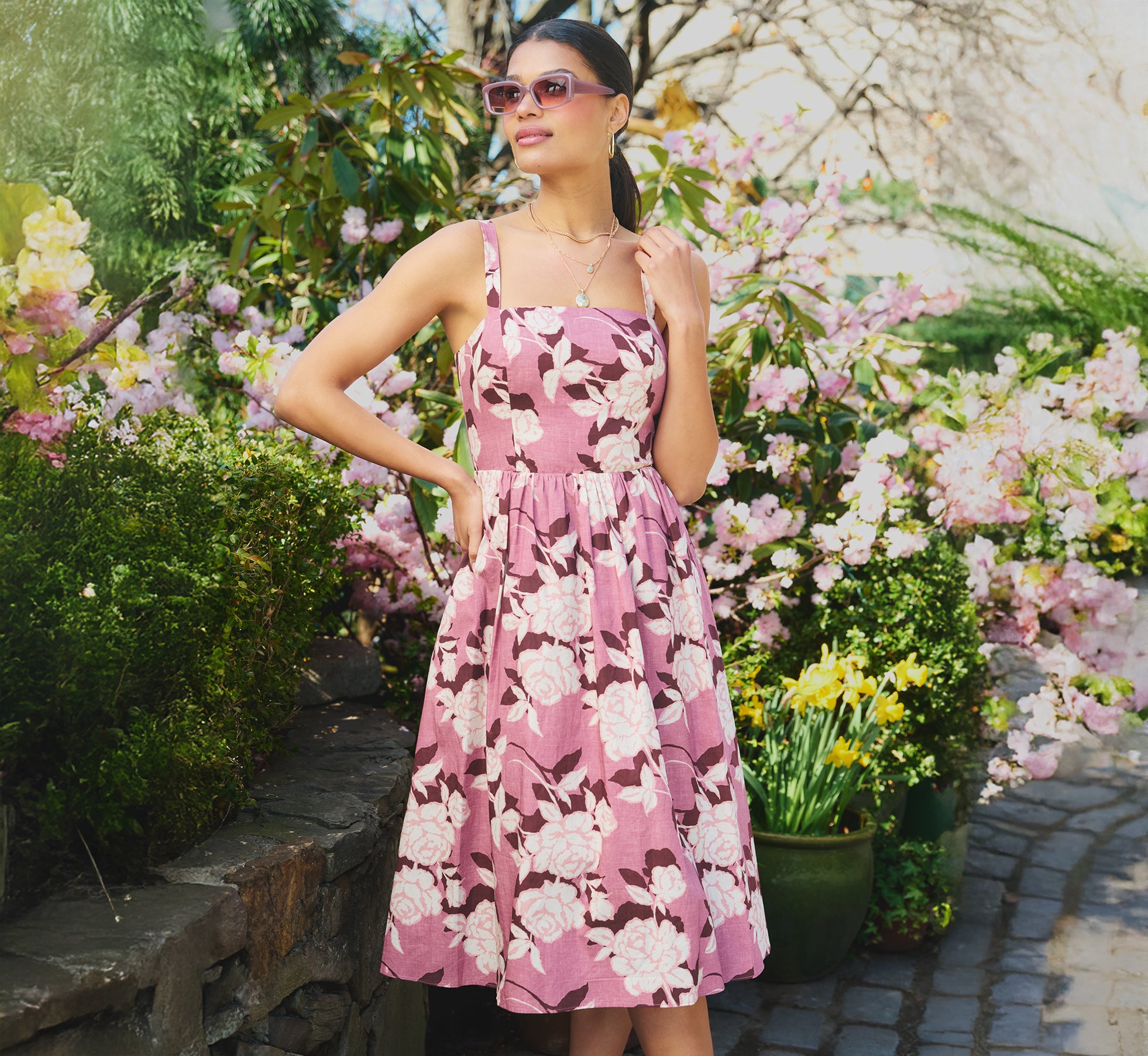 Blush Ecru Printed Cotton Blaire Midi Dress - Adrianna Papell Blush Ecru Printed Cotton Blaire Midi Dress - Adrianna Papell