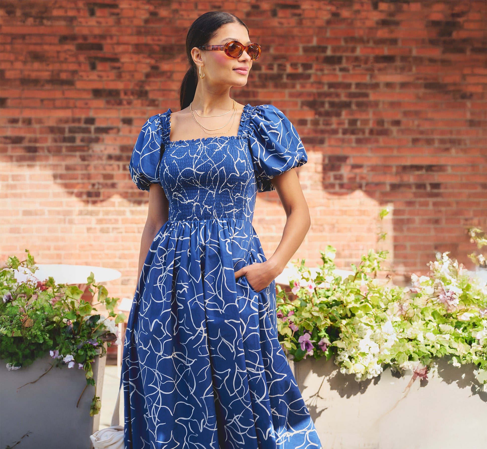 Puff Sleeve Floral Printed Blaire Midi Dress In Navy Ecru - Adrianna Papell Puff Sleeve Floral Printed Blaire Midi Dress In Navy Ecru - Adrianna Papell