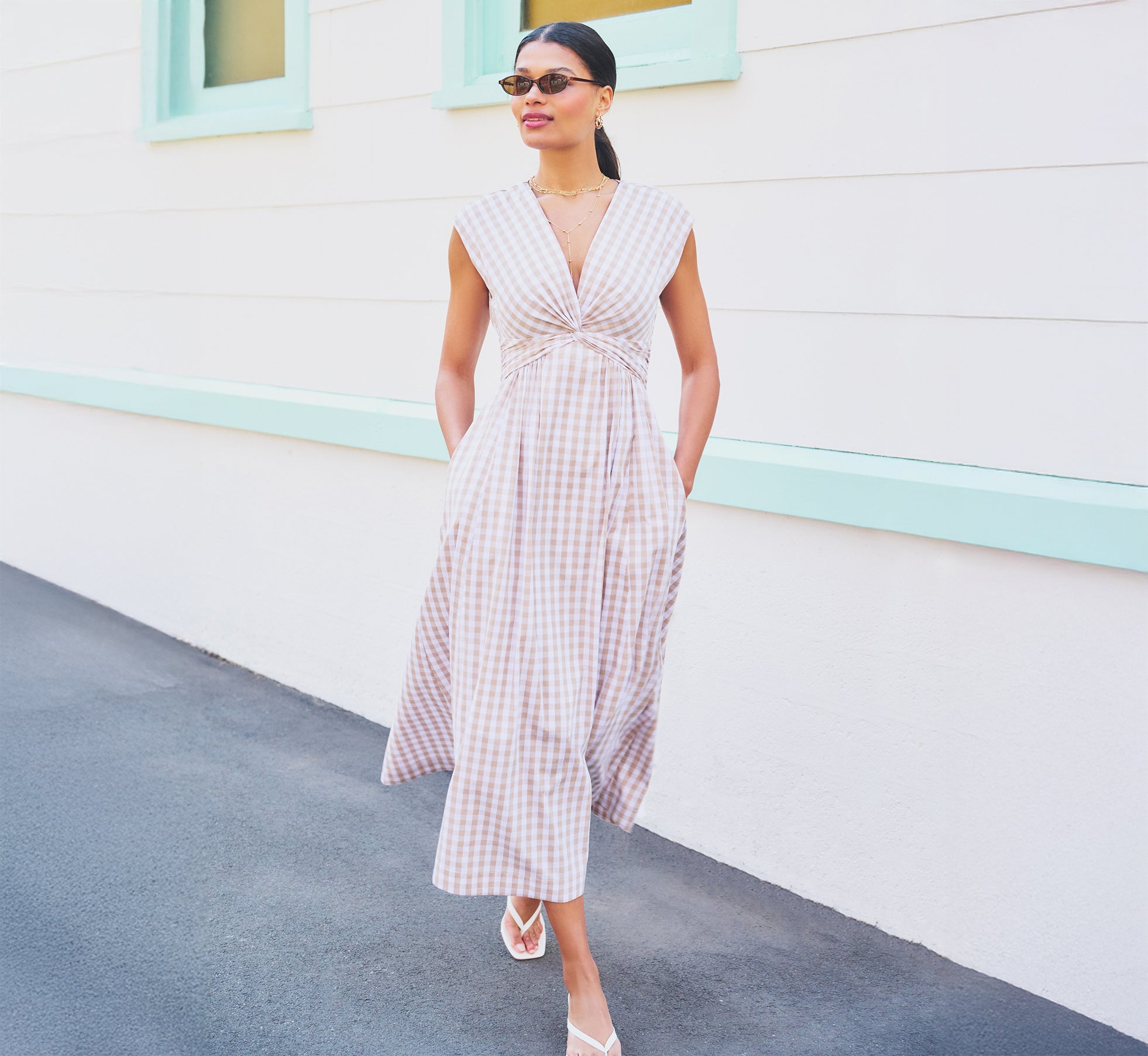 knee length dresses for ladies Beige Ivory Gingham Cotton Everyday Midi Dress