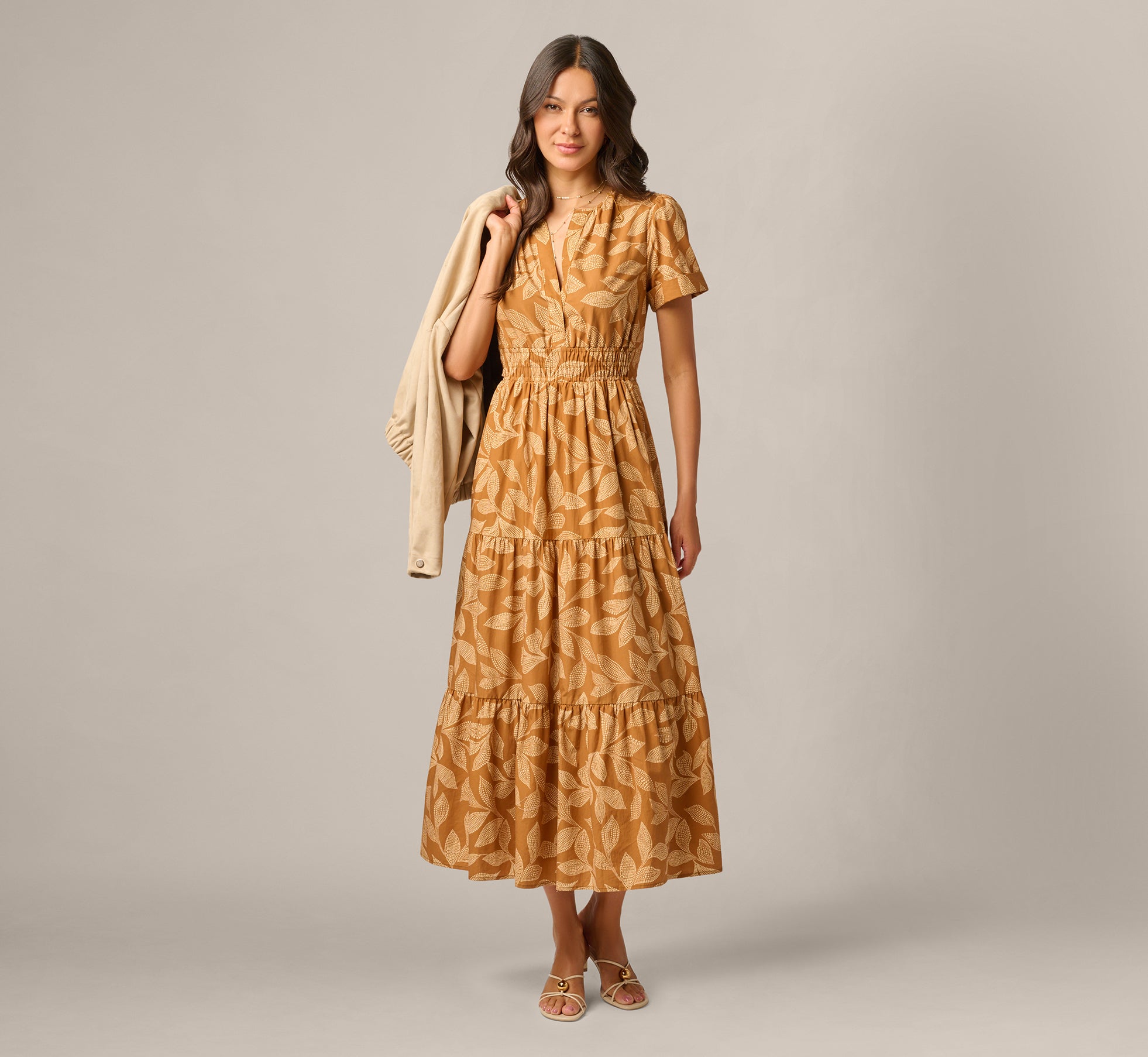 Short Sleeve Sophia Tiered Midi Dress In Cognac Multi, Cognac Multi / Regular / M Short Sleeve Sophia Tiered Midi Dress In Cognac Multi, Cognac Multi / Regular / M