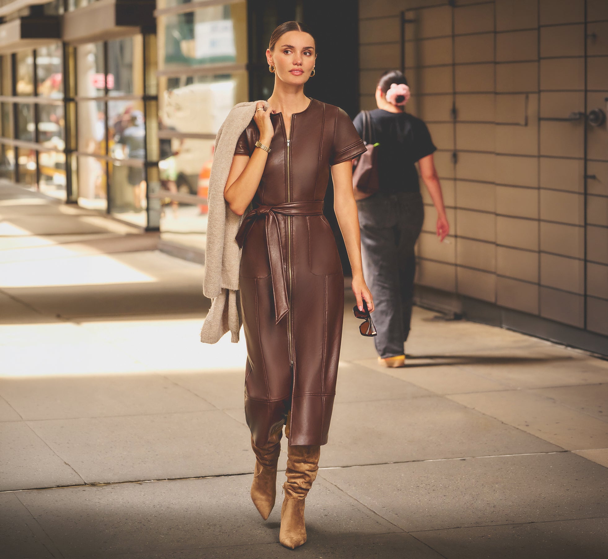 Brown Short Sleeve Faux Leather Everyday Midi Dress