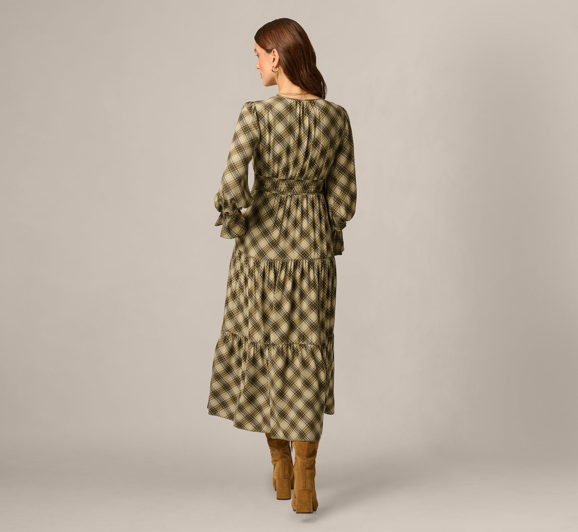 Long Sleeve Plaid Sophia Tiered Maxi Dress In Olive Multi, Olive Multi / Regular / M