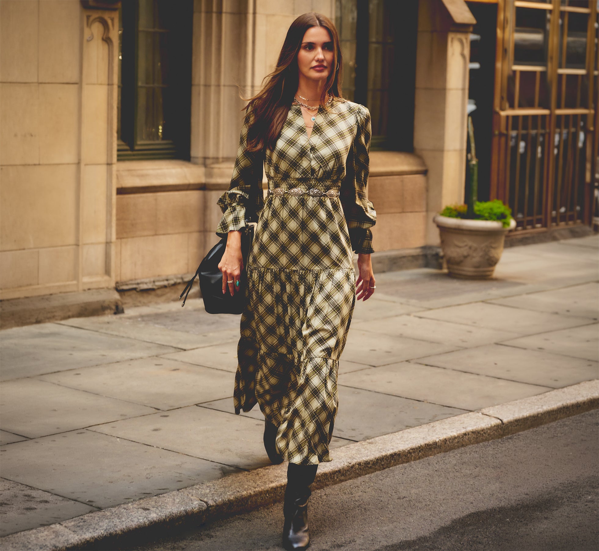 Long Sleeve Plaid Sophia Tiered Maxi Dress In Olive Multi, Olive Multi / Regular / M