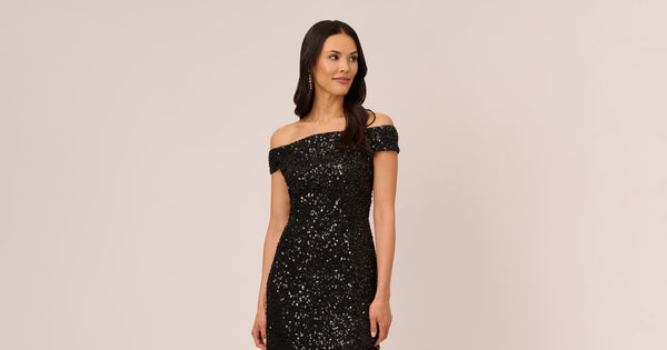 Off The Shoulder Sequin Beaded Gown In Black | Adrianna Papell