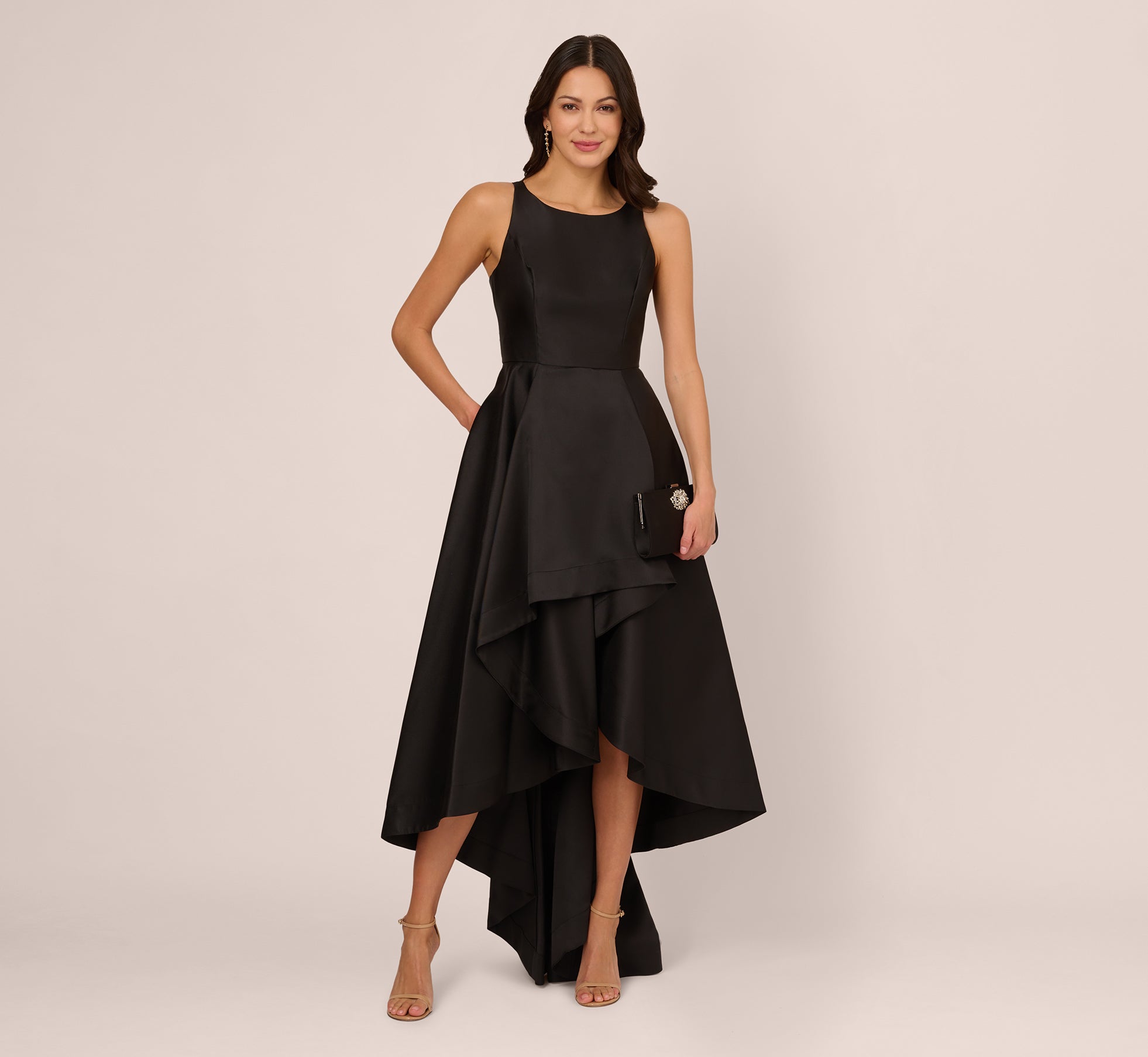 Black High Low Mikado Gown With Asymmetrical Detail - Adrianna Papell Black High Low Mikado Gown With Asymmetrical Detail - Adrianna Papell