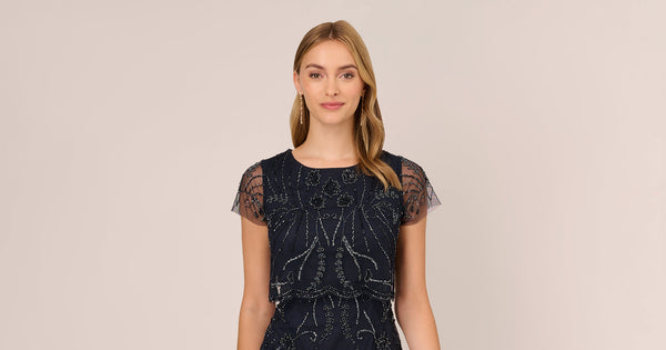Short Sleeve Beaded Cocktail Dress With Popover In Midnight