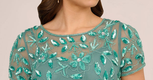 Hand Beaded Short Sleeve Floral Godet Gown In Green Slate