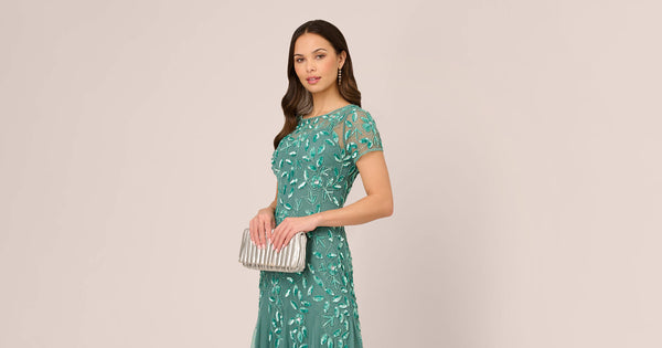 Hand Beaded Short Sleeve Floral Godet Gown In Green Slate