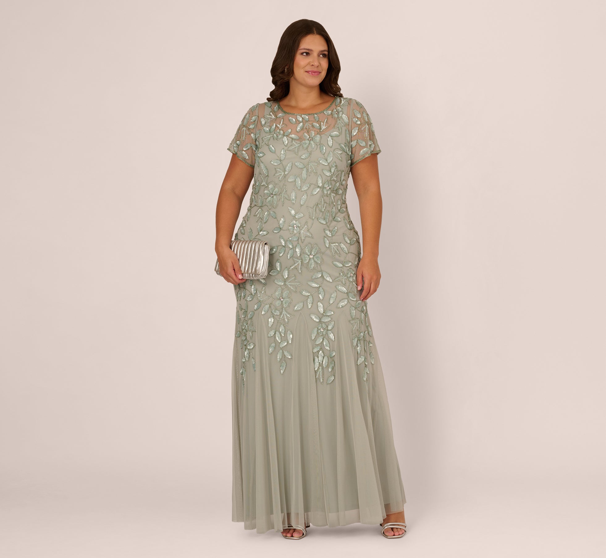 Plus Size Hand Beaded Short Sleeve Floral Godet Gown In Frosted Sage Plus Size Hand Beaded Short Sleeve Floral Godet Gown In Frosted Sage