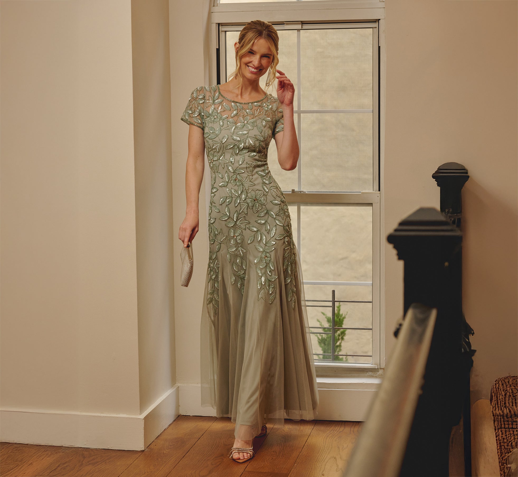 Hand Beaded Short Sleeve Floral Godet Gown In Frosted Sage Hand Beaded Short Sleeve Floral Godet Gown In Frosted Sage