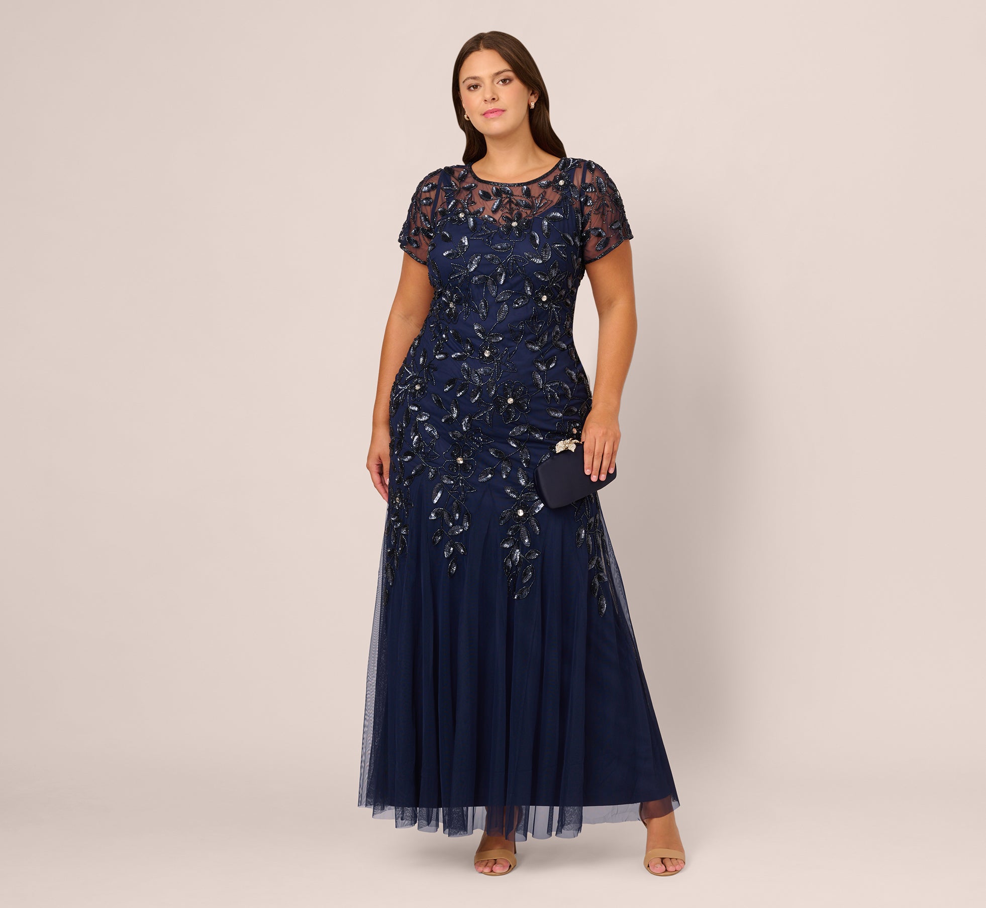 Plus Size Hand Beaded Short Sleeve Floral Godet Gown In Light Navy Plus Size Hand Beaded Short Sleeve Floral Godet Gown In Light Navy
