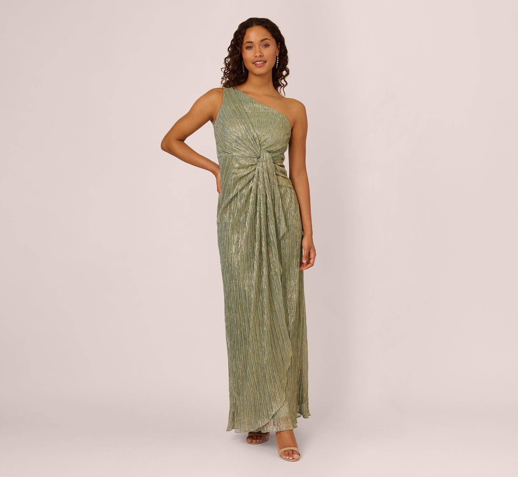 Stardust Pleated Draped One Shoulder Gown In Green Slate – Adrianna Papell Stardust Pleated Draped One Shoulder Gown In Green Slate – Adrianna Papell