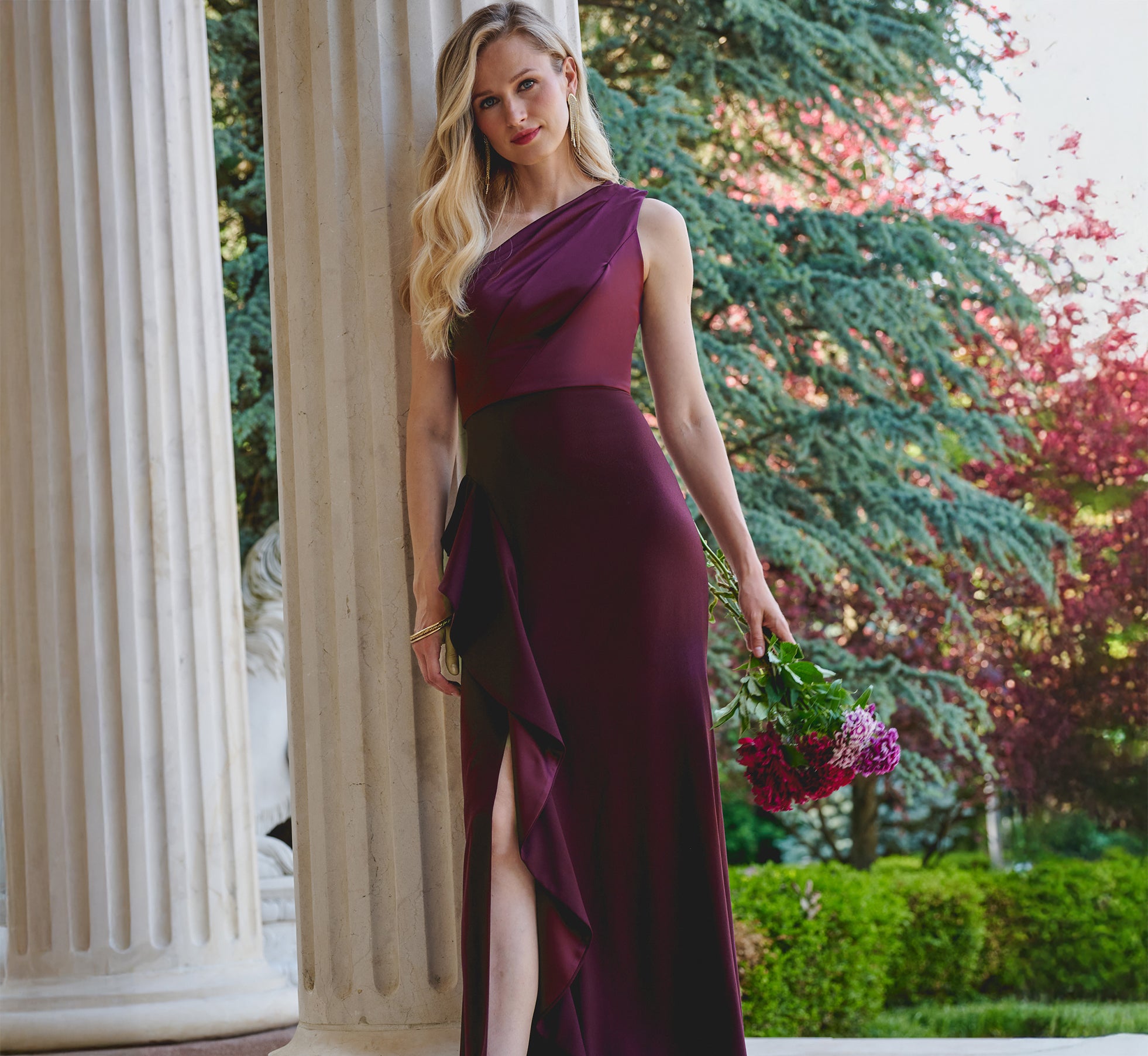 Adrianna Papell One-Shoulder Long Satin Crepe Mermaid Gown - Bordeaux Glow Adrianna Papell One-Shoulder Long Satin Crepe Mermaid Gown - Bordeaux Glow