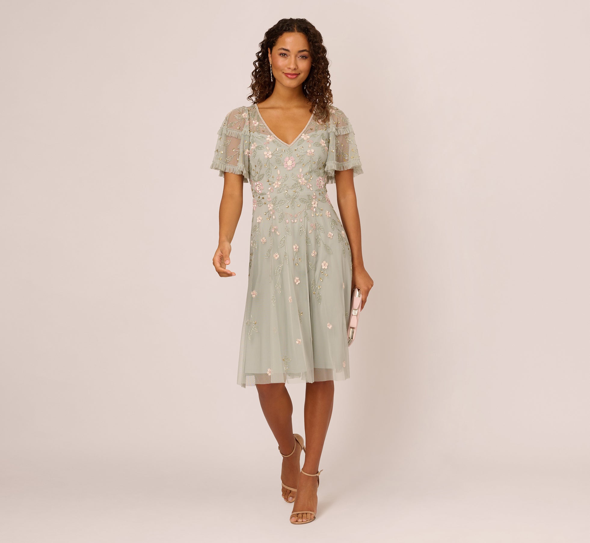 Beaded Midi Dress With Sheer Ruffled Sleeves In Frosted Sage Beaded Midi Dress With Sheer Ruffled Sleeves In Frosted Sage