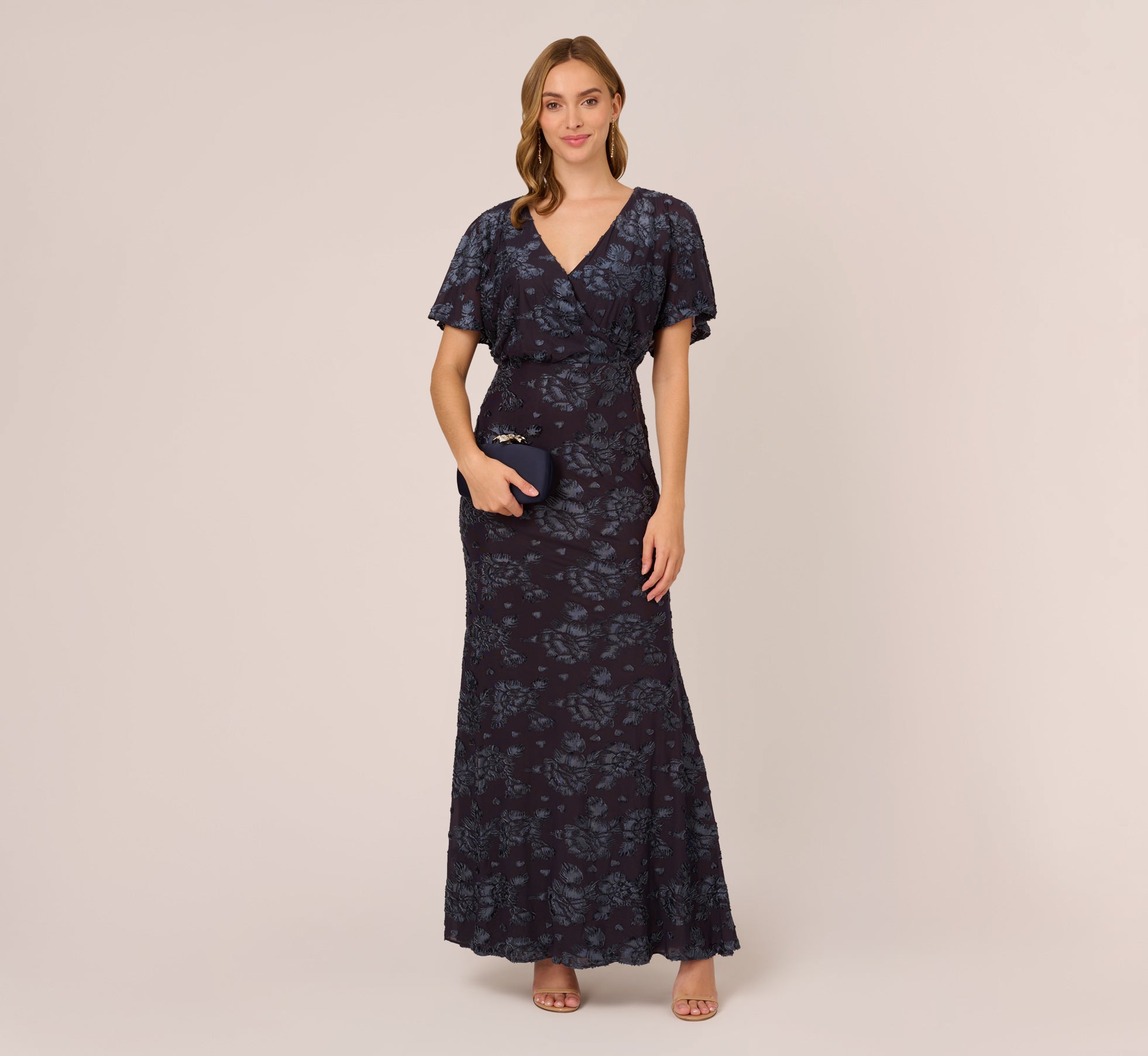 Floral Burnout Velvet Long Blouson Gown in Midnight Floral Burnout Velvet Long Blouson Gown in Midnight