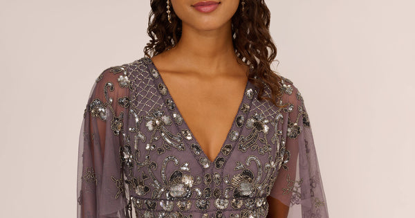 Sequin Beaded Gown With Sheer Cape Sleeves In Moonscape