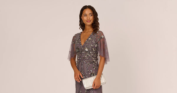 Sequin Beaded Gown With Sheer Cape Sleeves In Moonscape